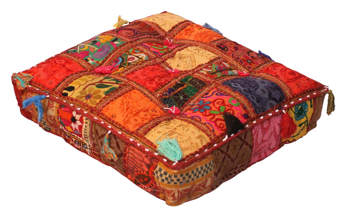 Bulk Wholesale Handmade 22” Square Puffy Seat in Cotton Further Hand-Embroidered in Bright Colors in Old-World Patterns & Decorated with Shells – Ethnic-Look Home Décor from India