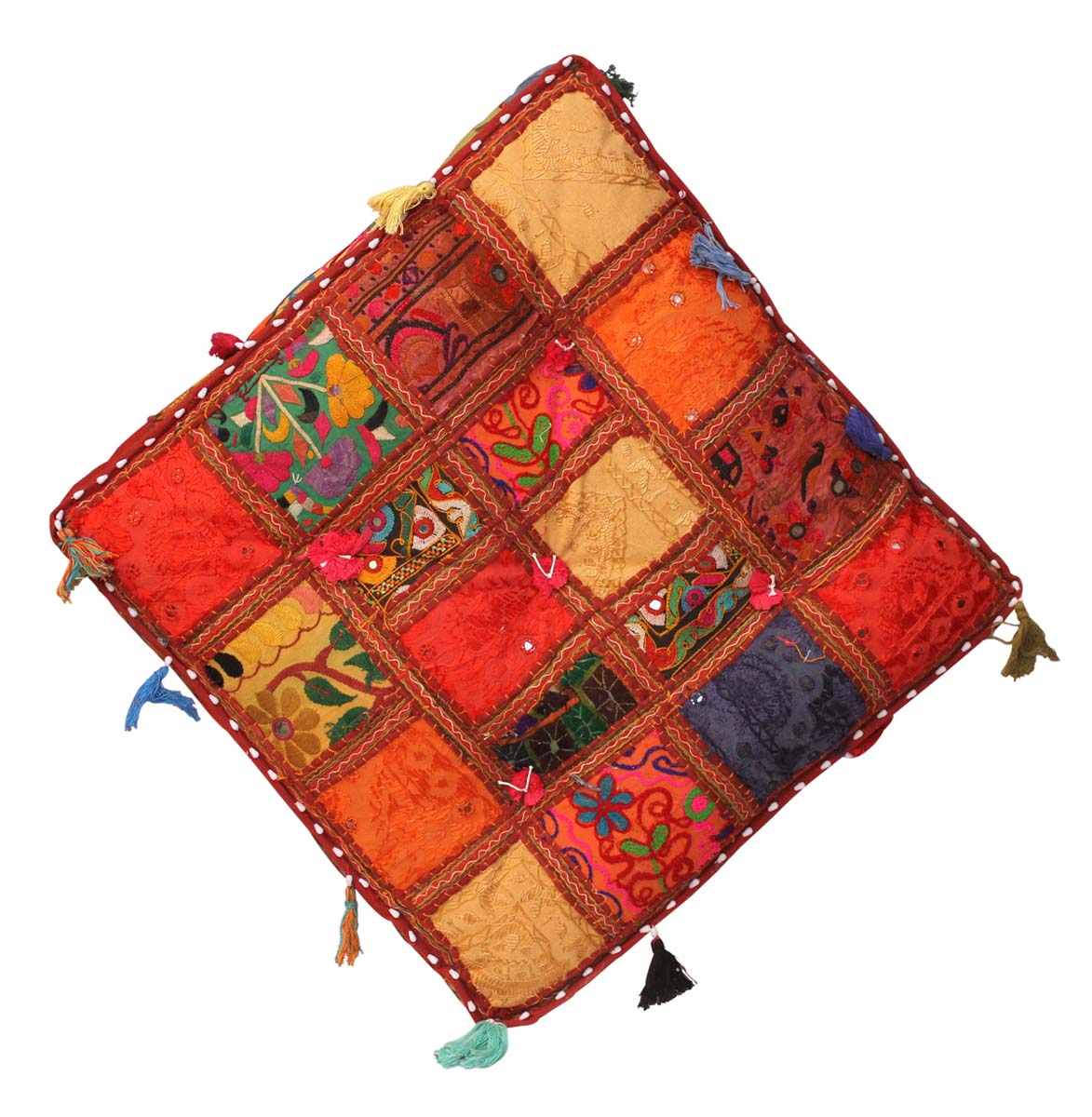 Bulk Wholesale Handmade 22” Square Puffy Seat in Cotton Further Hand-Embroidered in Bright Colors in Old-World Patterns & Decorated with Shells – Ethnic-Look Home Décor from India
