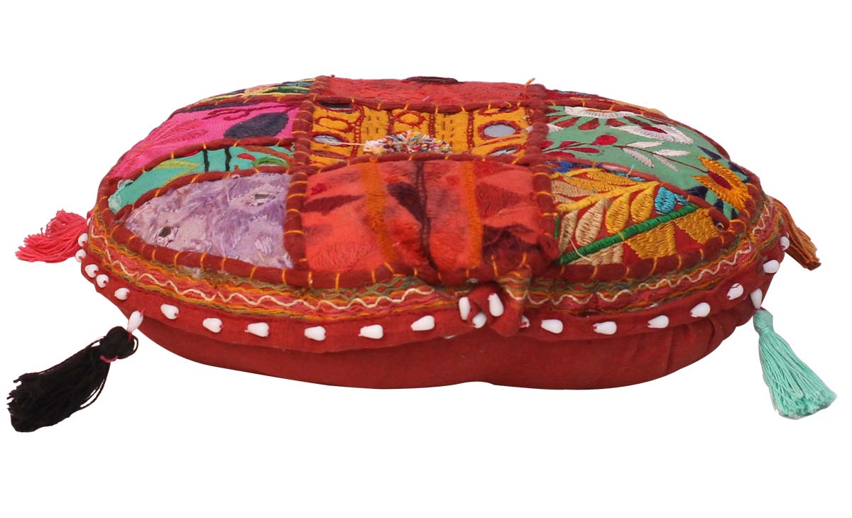 Bulk Wholesale Handmade 12” Round Puffy Seat in Cotton Further Hand-Embroidered in Bright Colors in Old-World Patterns & Decorated with Shells – Ethnic-Look Home Décor from India