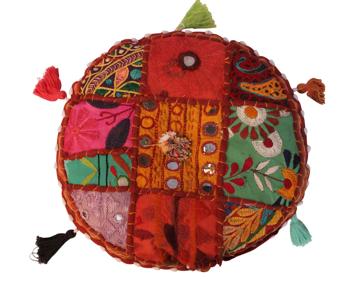 Bulk Wholesale Handmade 12” Round Puffy Seat in Cotton Further Hand-Embroidered in Bright Colors in Old-World Patterns & Decorated with Shells – Ethnic-Look Home Décor from India