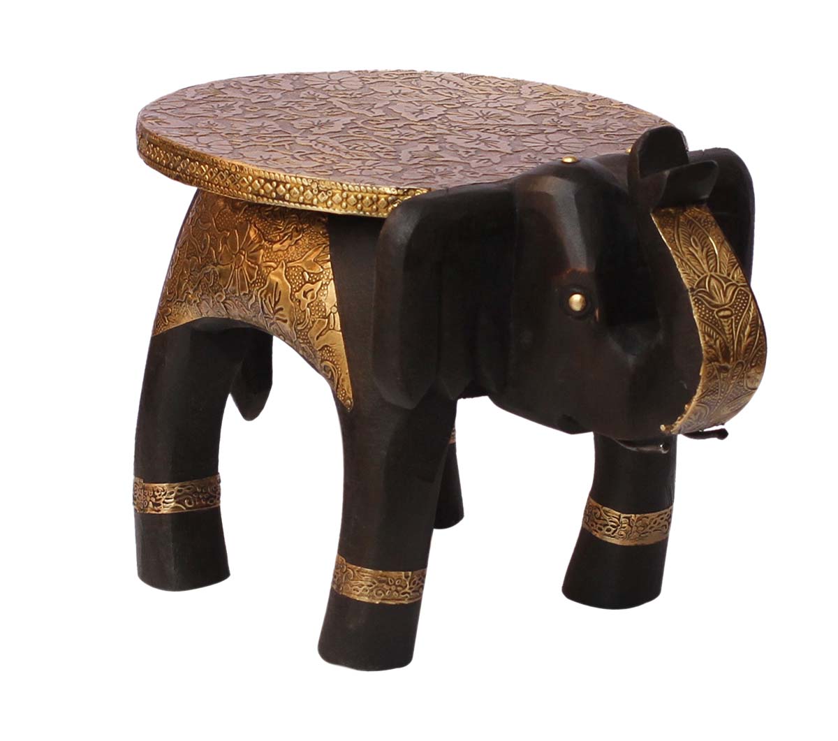 Bulk Wholesale Handmade 9” Elephant-Shaped Black Side / Coffee Table in Wood Decorated with Embossed Golden Brass Work – Antique-Look Home Décor from India
