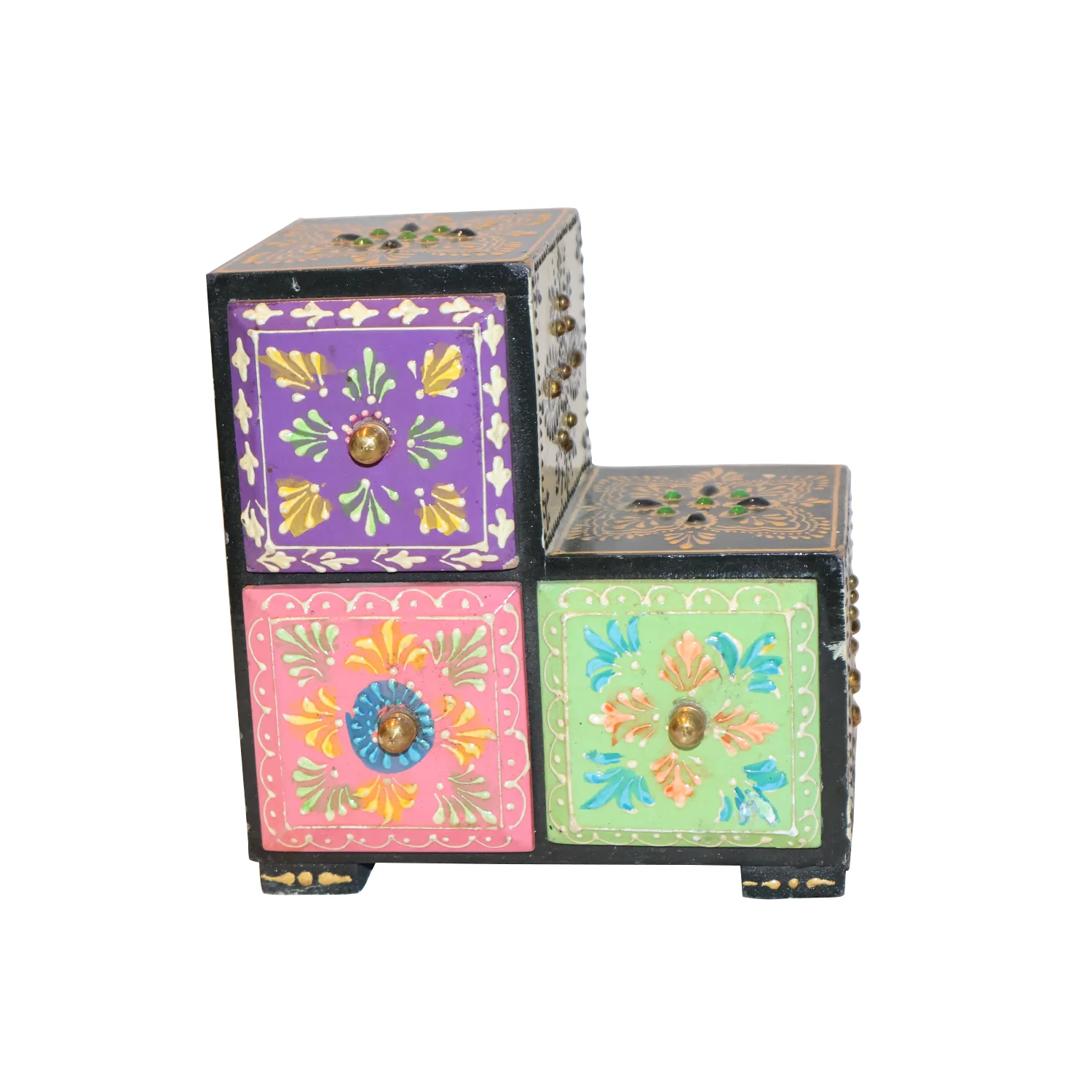 ArtistryBazaar 4"L x 3.5"W x 6"H inch handmade wooden trinket box, L-shaped organizer with knobs, perfect for storing jewelry, keys, and hand-painted for your home decor needs!