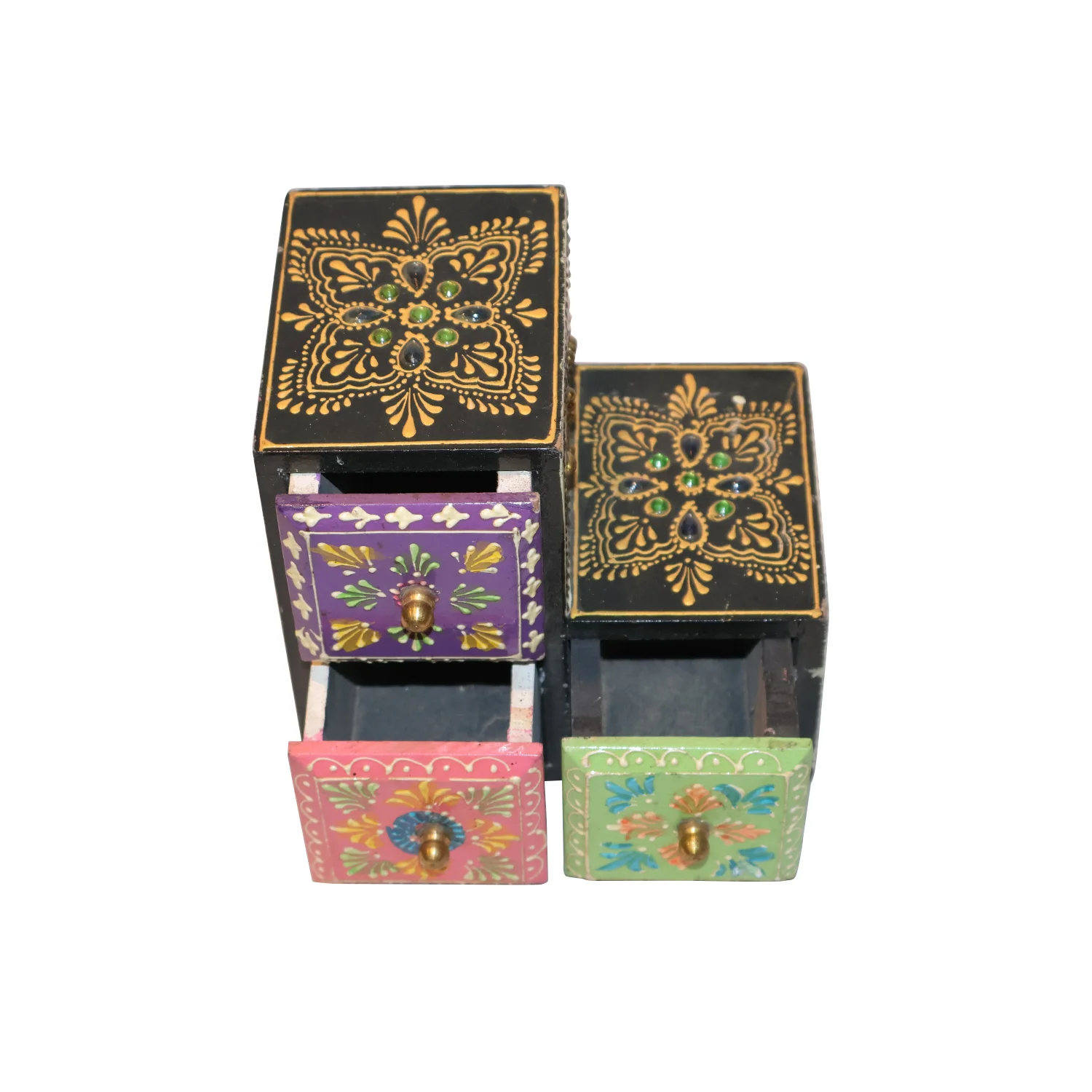 ArtistryBazaar 4"L x 3.5"W x 6"H inch handmade wooden trinket box, L-shaped organizer with knobs, perfect for storing jewelry, keys, and hand-painted for your home decor needs!