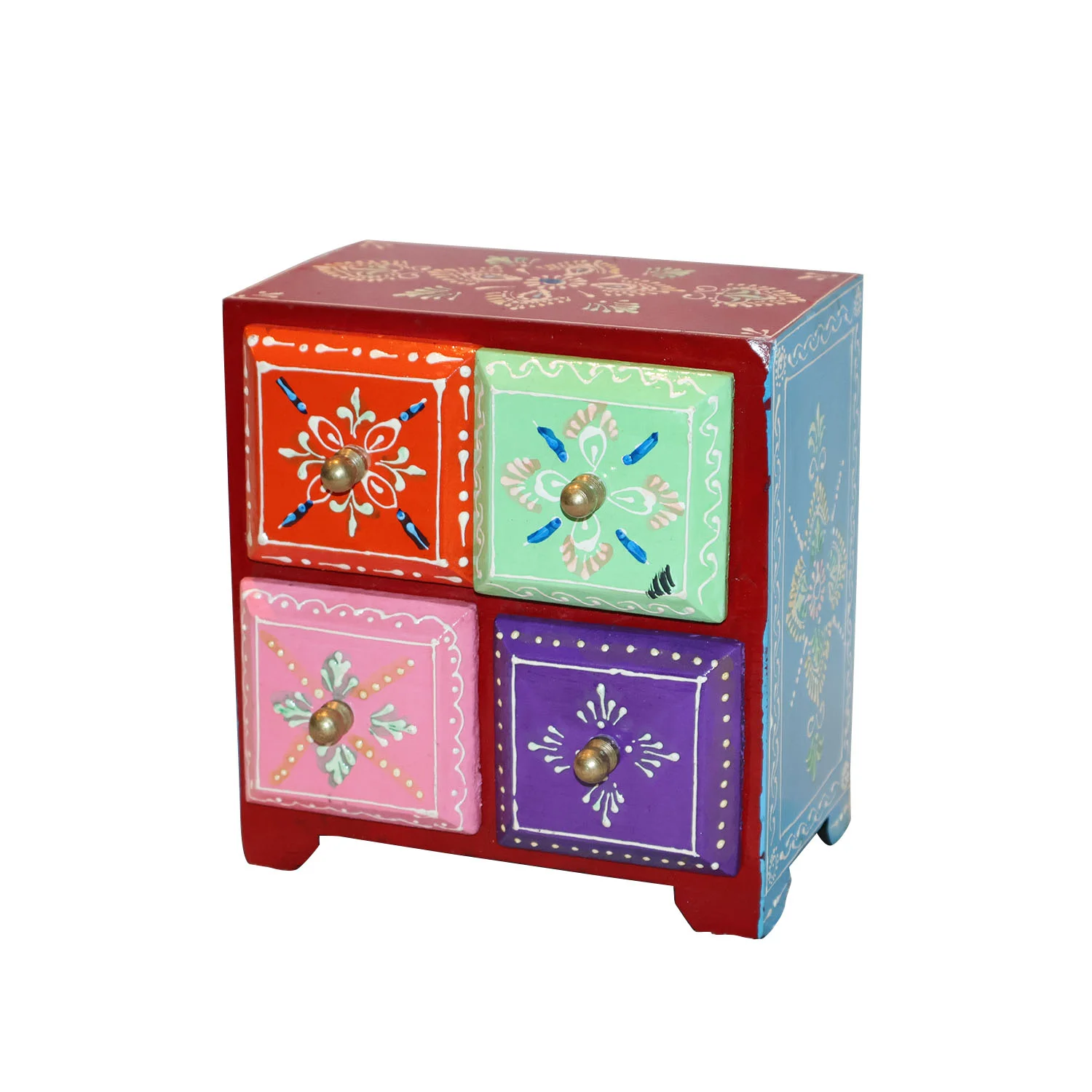 ArtistryBazaar 6"L x 3.5"W x 6.5"H inch hand-painted wooden organizer box with 4 drawers, perfect for storing jewelry, office supplies, and small keepsakes, unique design for your home decor.