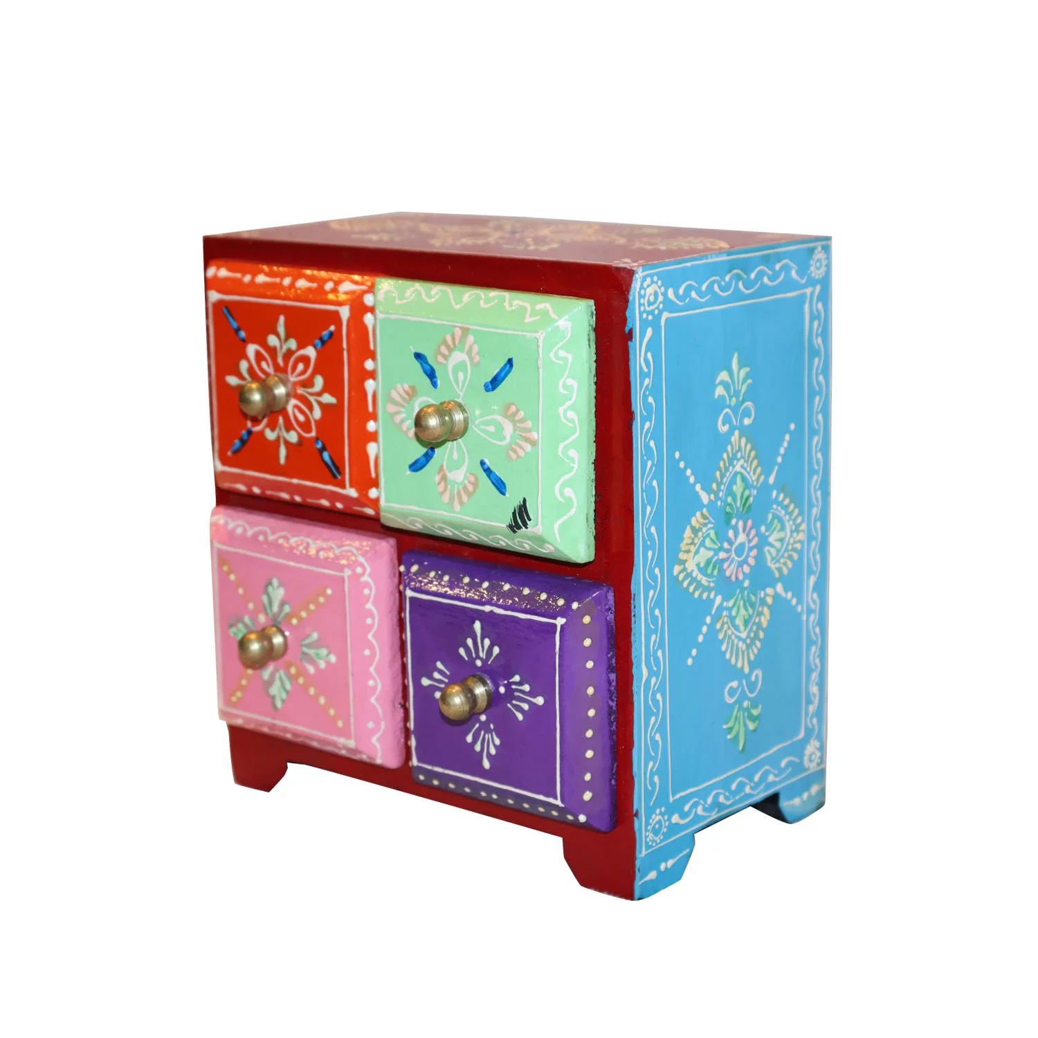 ArtistryBazaar 6"L x 3.5"W x 6.5"H inch hand-painted wooden organizer box with 4 drawers, perfect for storing jewelry, office supplies, and small keepsakes, unique design for your home decor.