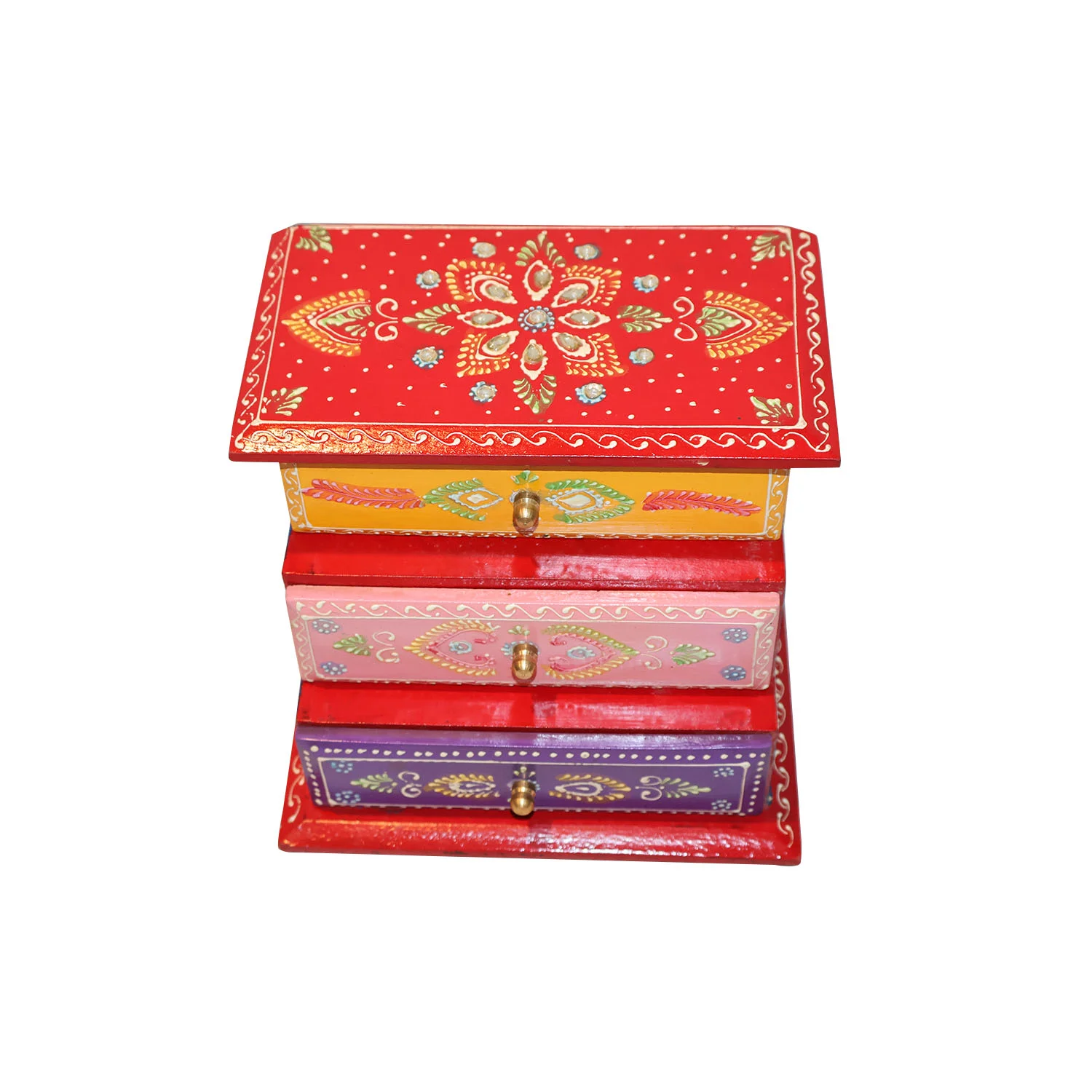 ArtistryBazaar 6"L x 3.5"W x 6.5"H inch colorful handcrafted wooden storage organizer, a tabletop unit with hand-painted drawers for jewelry, sewing supplies, knick-knacks, and more.