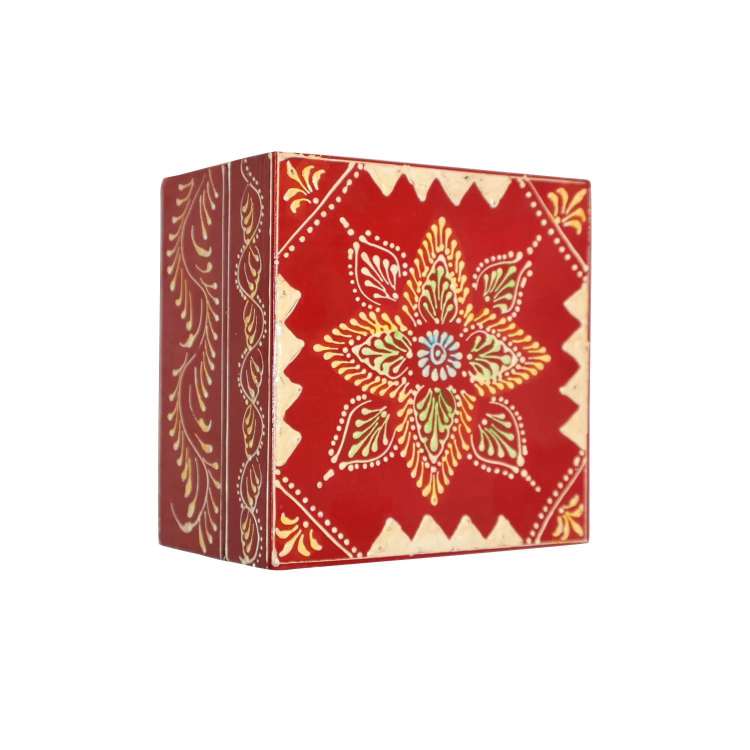 ArtistryBazaar 5.5"L x 5.5"W x 3.5"H inch handmade red wooden box with gold star design, storage box for jewelry, trinkets & keepsakes, handcrafted by local artisans.