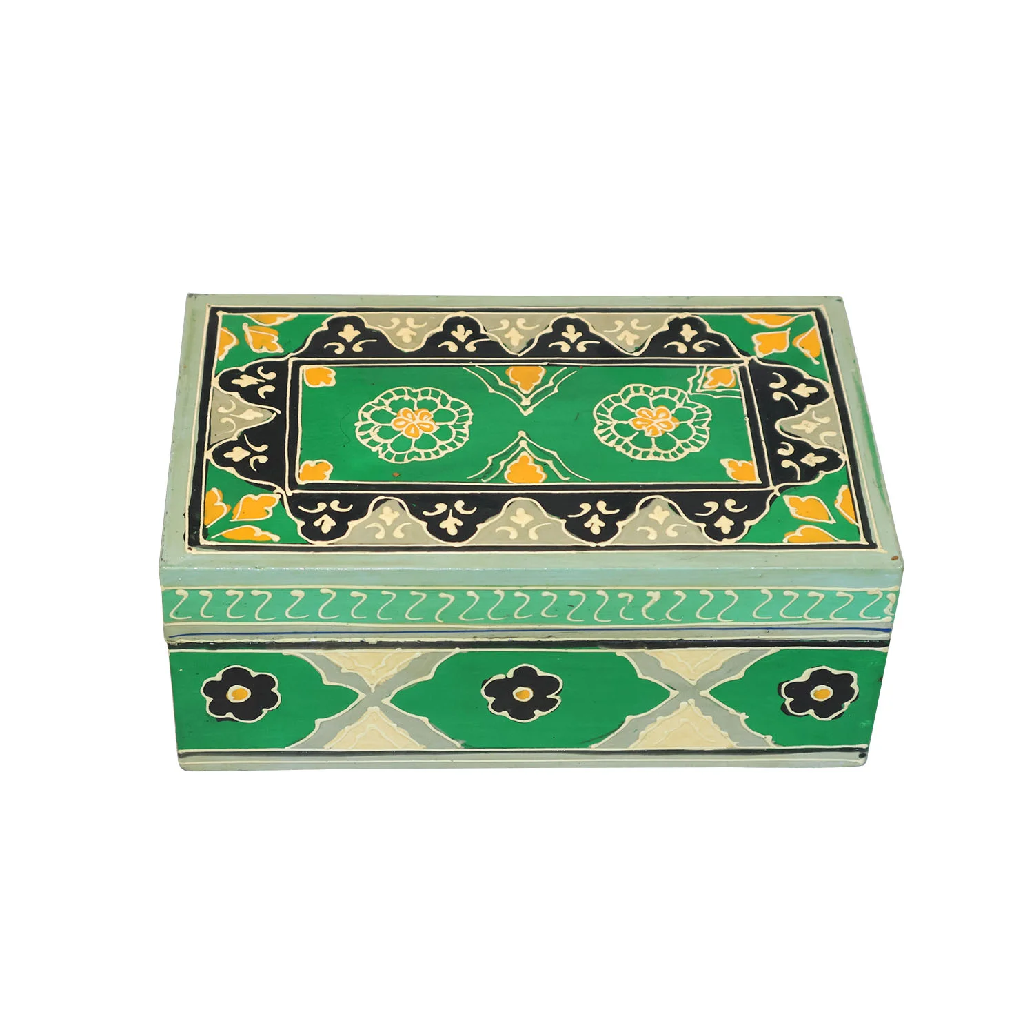 ArtistryBazaar 9"L x 5"W x 3.5"H inch 100% handmade green storage box for small keepsakes, trinkets, and jewelry, made by local artisans, trendy decor item for your space.