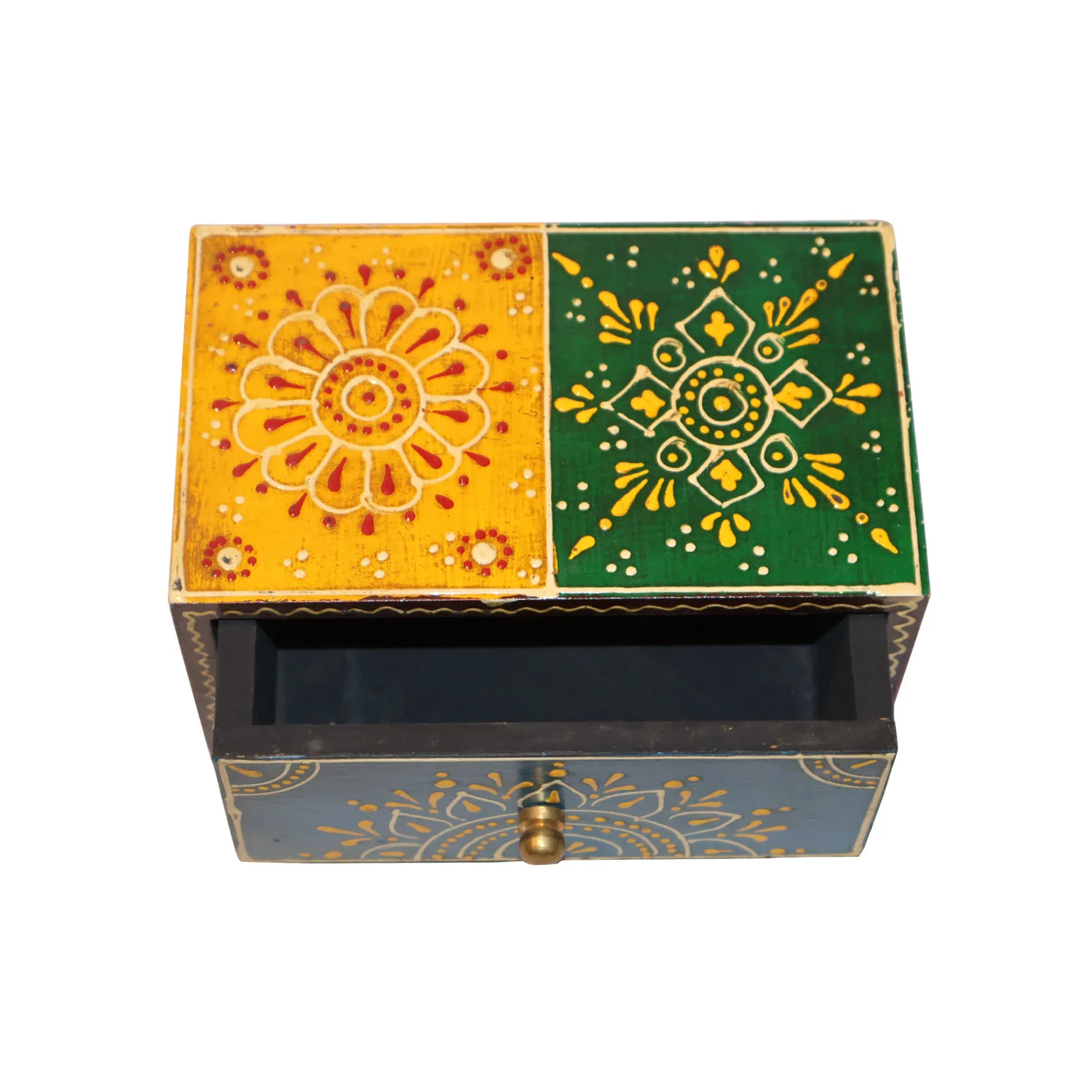 ArtistryBazaar 9"L x 5"W x 3.5"H handmade wooden one-drawer storage box with knob, bright colors, functional design, and perfect for storing jewelry, keys, and small objects!