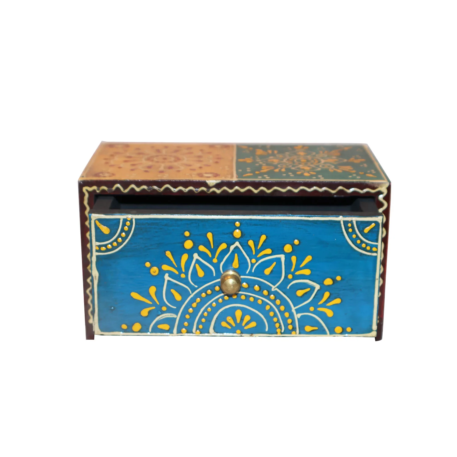 ArtistryBazaar 9"L x 5"W x 3.5"H handmade wooden one-drawer storage box with knob, bright colors, functional design, and perfect for storing jewelry, keys, and small objects!