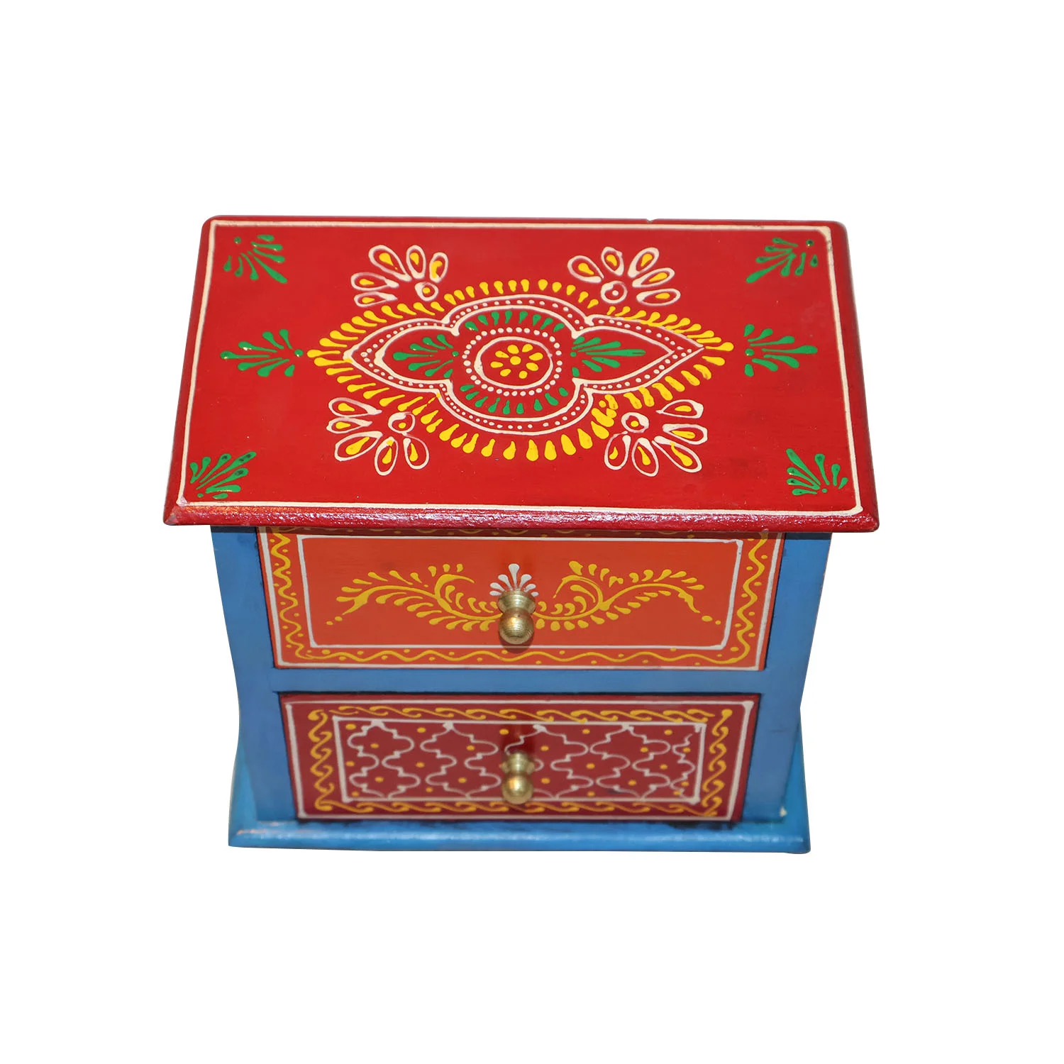 ArtistryBazaar 9"L x 5"W x 3.5"H inch beautifully handcrafted wooden storage box with 2 drawers, traditional hand-painted design on its surface, perfect for your jewelry, keys, and other small essentials.