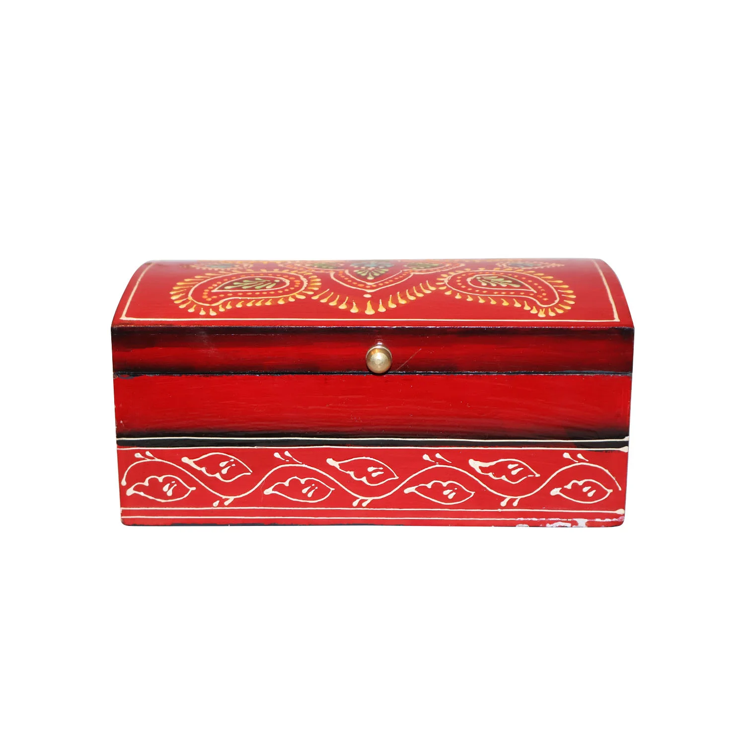 ArtistryBazaar 7.5"L x 5"W x 3.5"H inch handmade red wooden storage container, floral painted design on top, ideal for small items like jewelry, keys, and more.