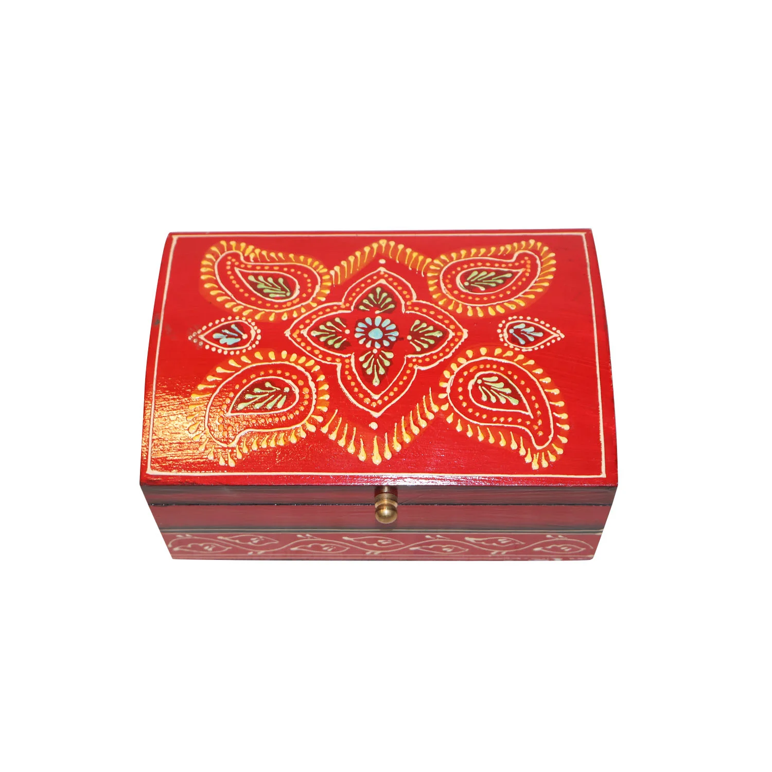 ArtistryBazaar 7.5"L x 5"W x 3.5"H inch handmade red wooden storage container, floral painted design on top, ideal for small items like jewelry, keys, and more.