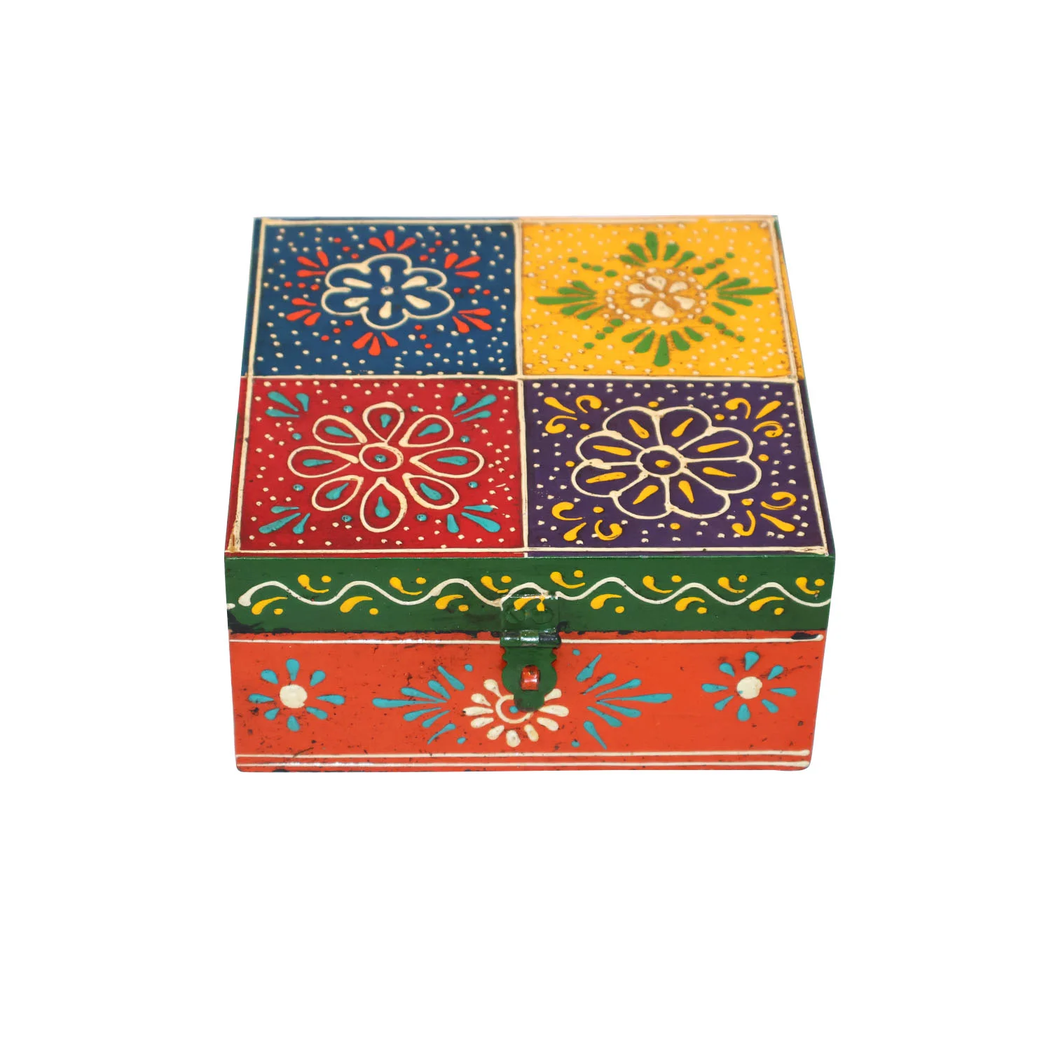 ArtistryBazaar 6"L x 6"W x 3"H inch traditional wooden storage container, colorful hand-painted design, store jewelry, keys, and small items with secure lid closure, stylish and practical storage solution.