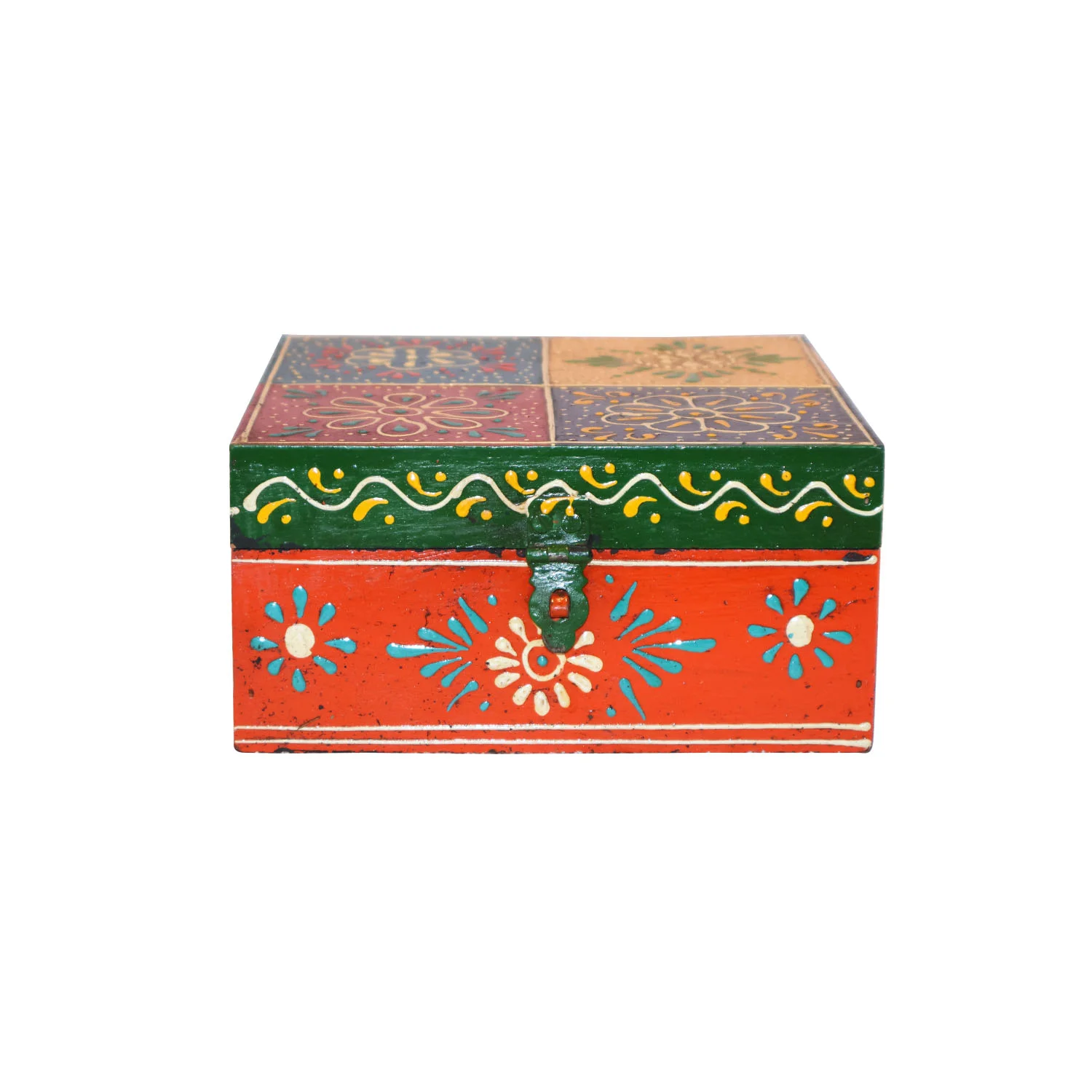 ArtistryBazaar 6"L x 6"W x 3"H inch traditional wooden storage container, colorful hand-painted design, store jewelry, keys, and small items with secure lid closure, stylish and practical storage solution.