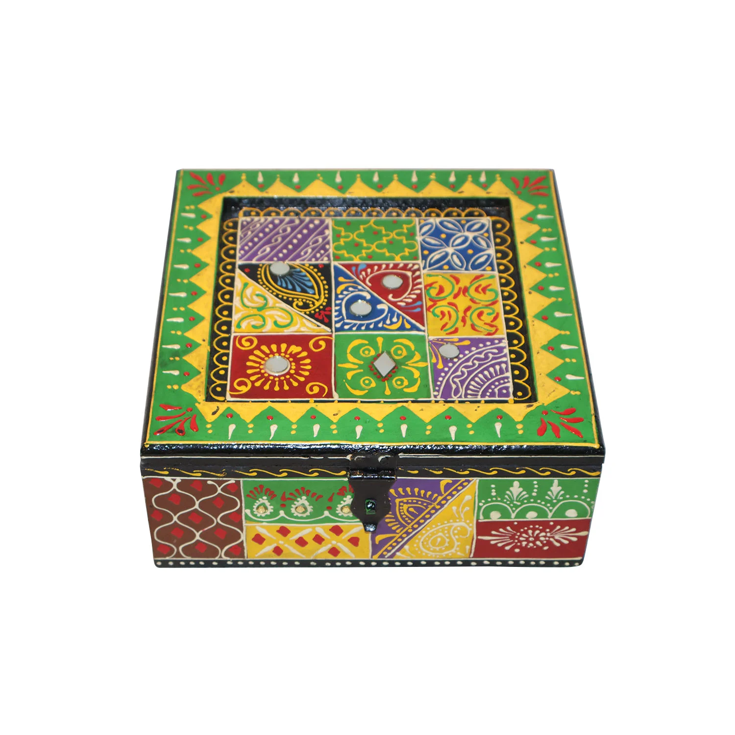 ArtistryBazaar 8"L x 8"W x 3"H inch fully handmade supreme quality wooden storage box, multicolored organizer for jewelry, keys & small essentials, classic hand-painted container with secure catch.
