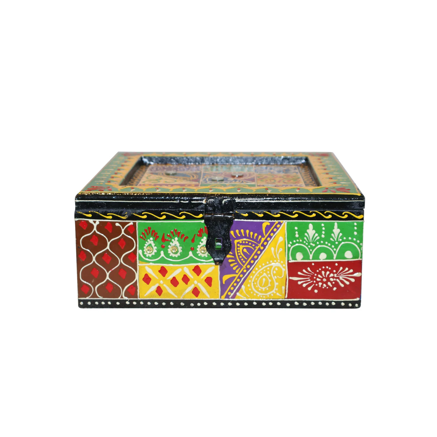 ArtistryBazaar 8"L x 8"W x 3"H inch fully handmade supreme quality wooden storage box, multicolored organizer for jewelry, keys & small essentials, classic hand-painted container with secure catch.
