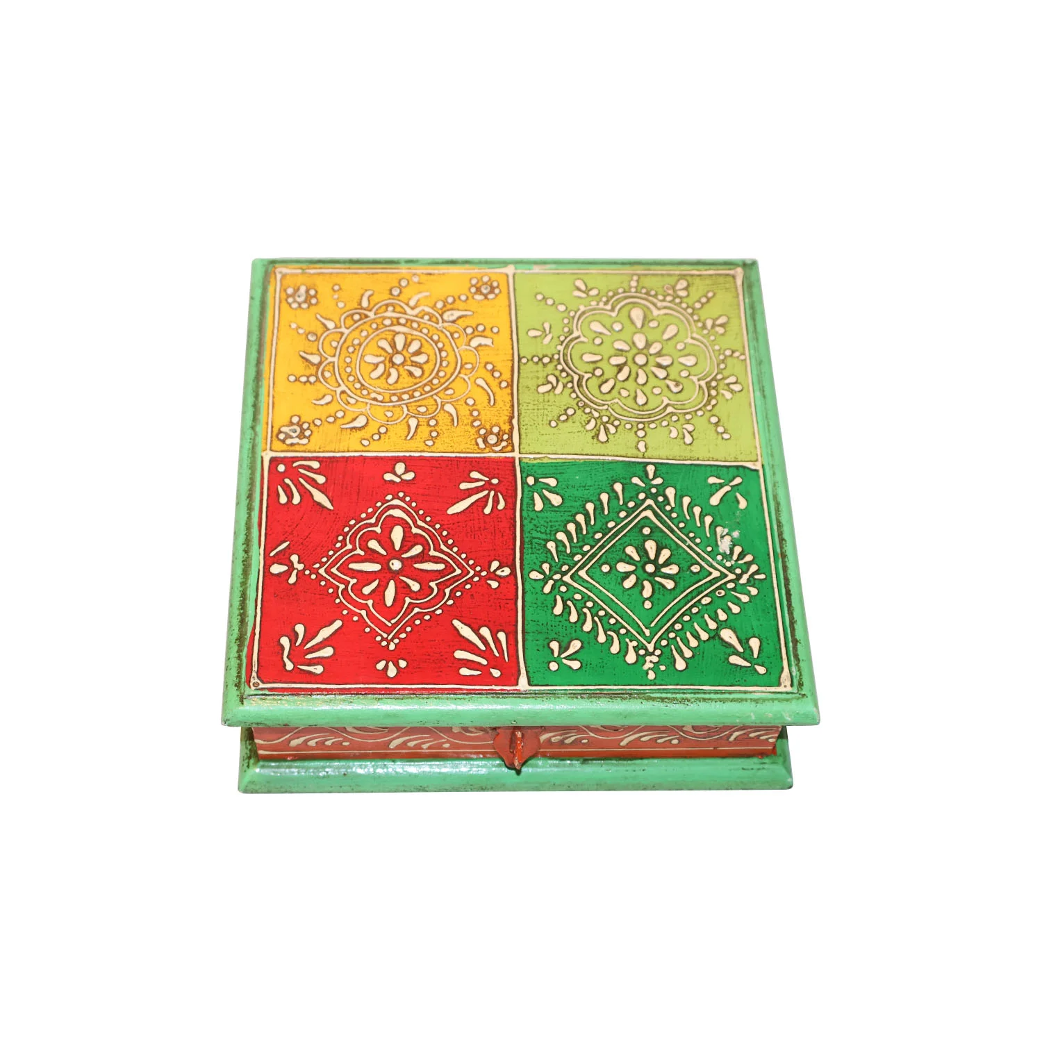 ArtistryBazaar 7"L x 7"W x 2"H inch colorful wooden storage box, handcrafted with conventional hand-painted design, ideal for storing jewelry, keys, and small items, keeps everything neat and safe.