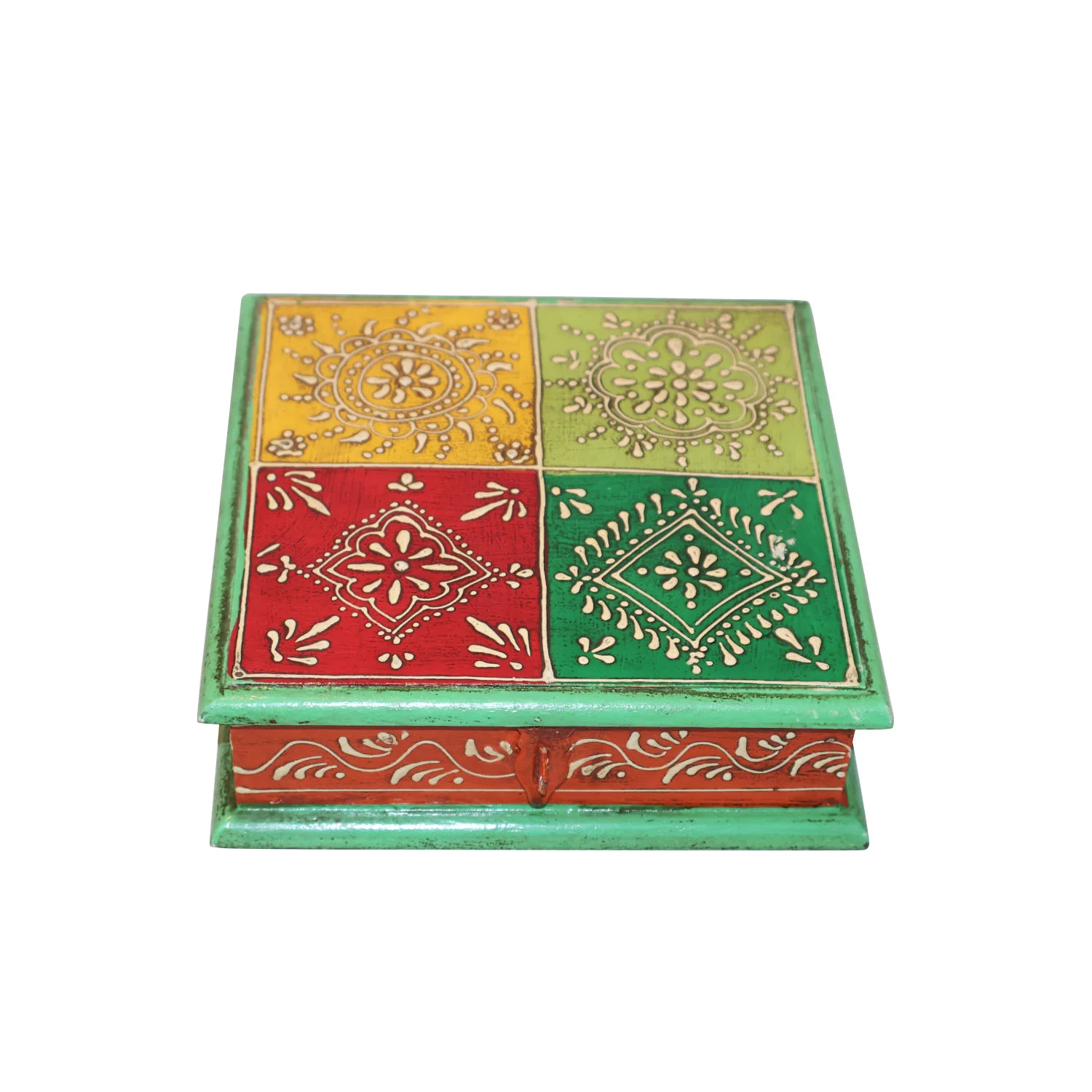ArtistryBazaar 7"L x 7"W x 2"H inch colorful wooden storage box, handcrafted with conventional hand-painted design, ideal for storing jewelry, keys, and small items, keeps everything neat and safe.