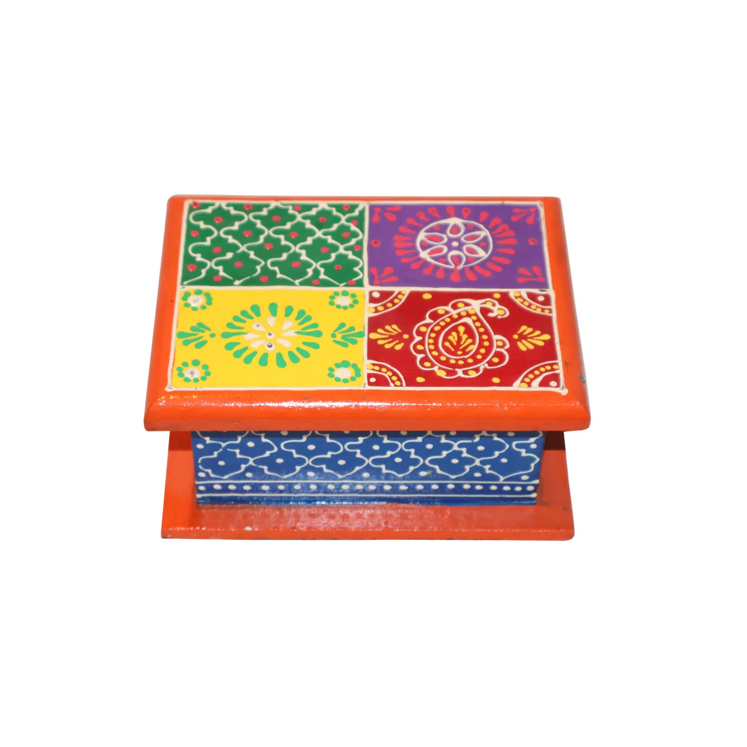 ArtistryBazaar 5.5"L x 4"W x 2.5"H inch handmade wooden box, a vivid organizer with a hinged lid, hand-painted patchwork design, perfect for jewelry, keys, and mementos.