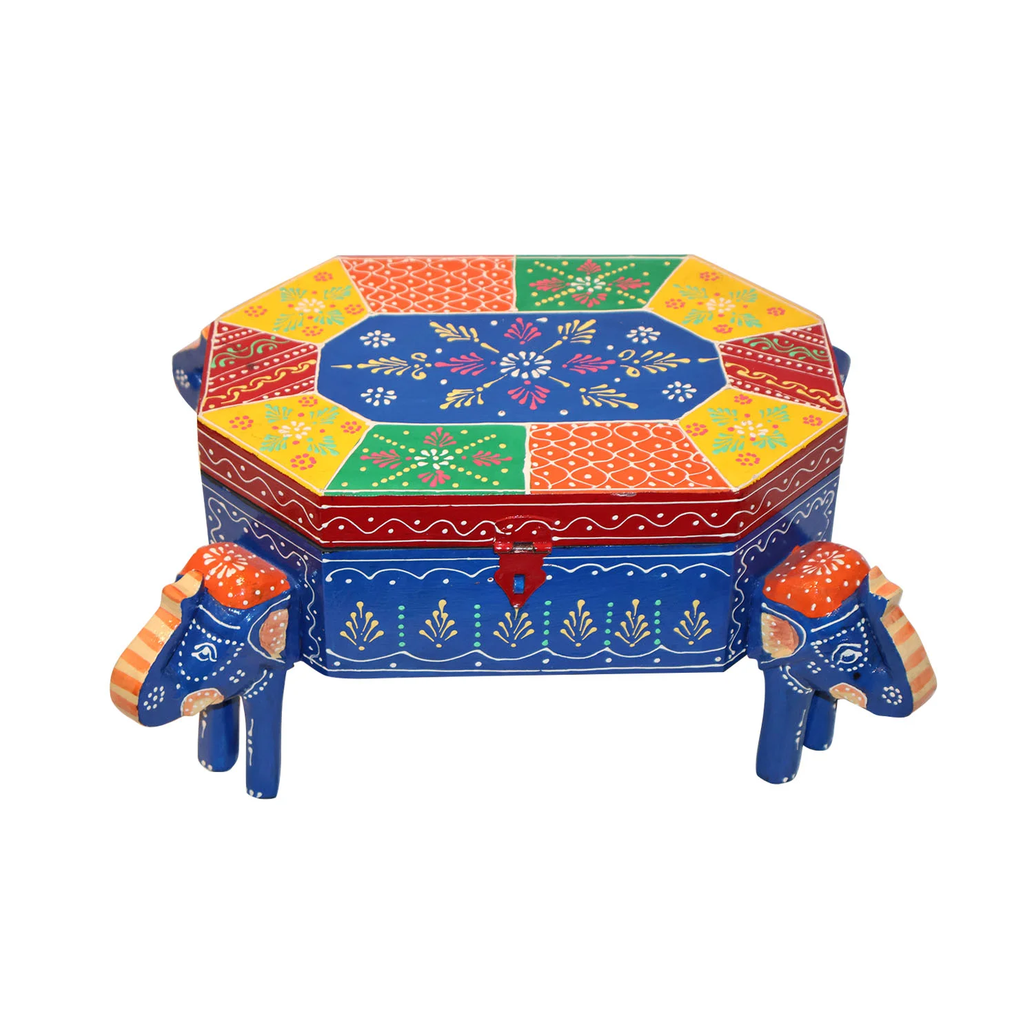ArtistryBazaar 11"L x 7.5"W x 7"H inch handmade wooden organizer with elephant legs, colorful folk art design, perfect for storing small treasures or displaying as decor!