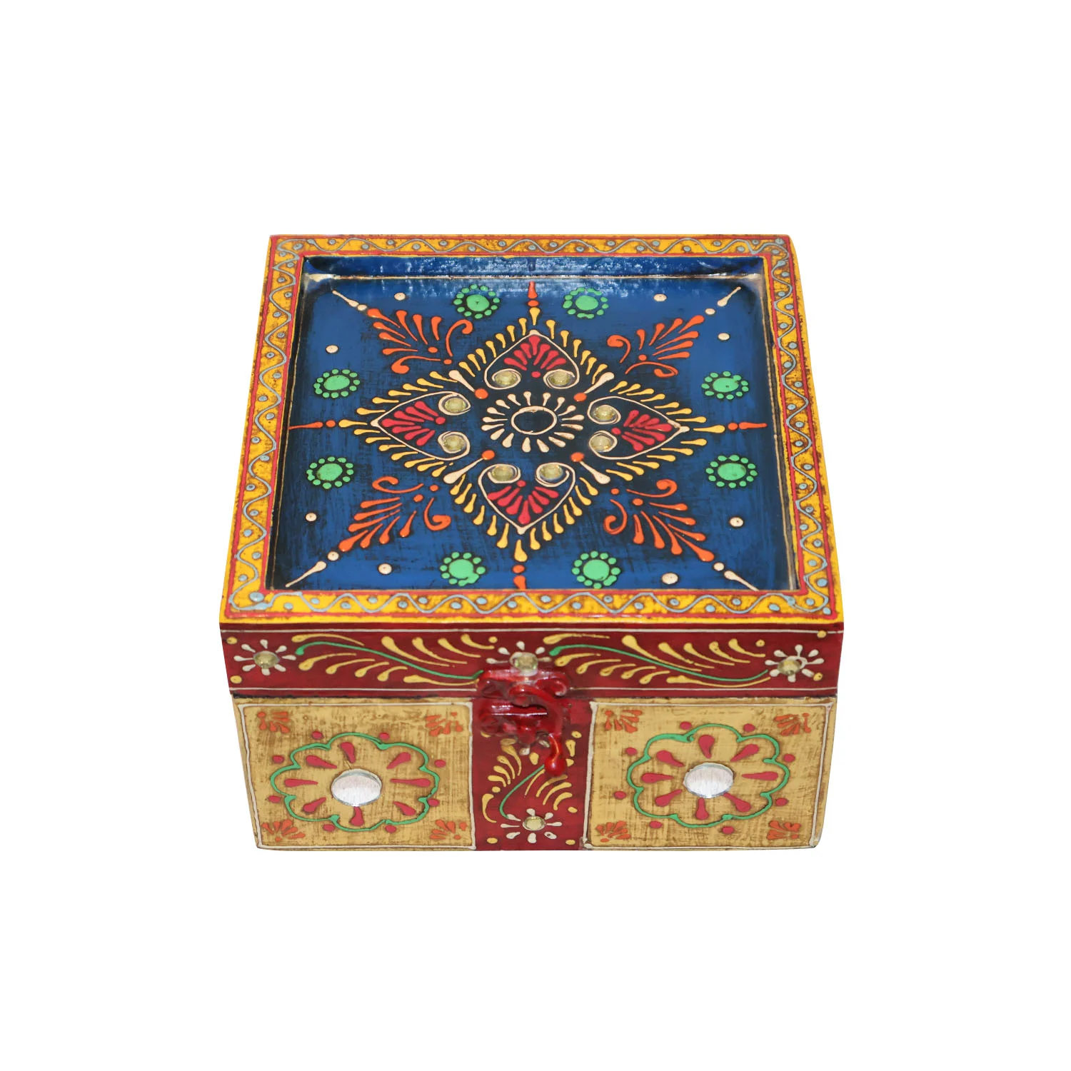 ArtistryBazaar 7"L x 7"W x 4"H inch handmade wooden box, vibrant patchwork of colors & patterns, ideal for storing trinkets, jewelry, & more, small size but has a big impact.