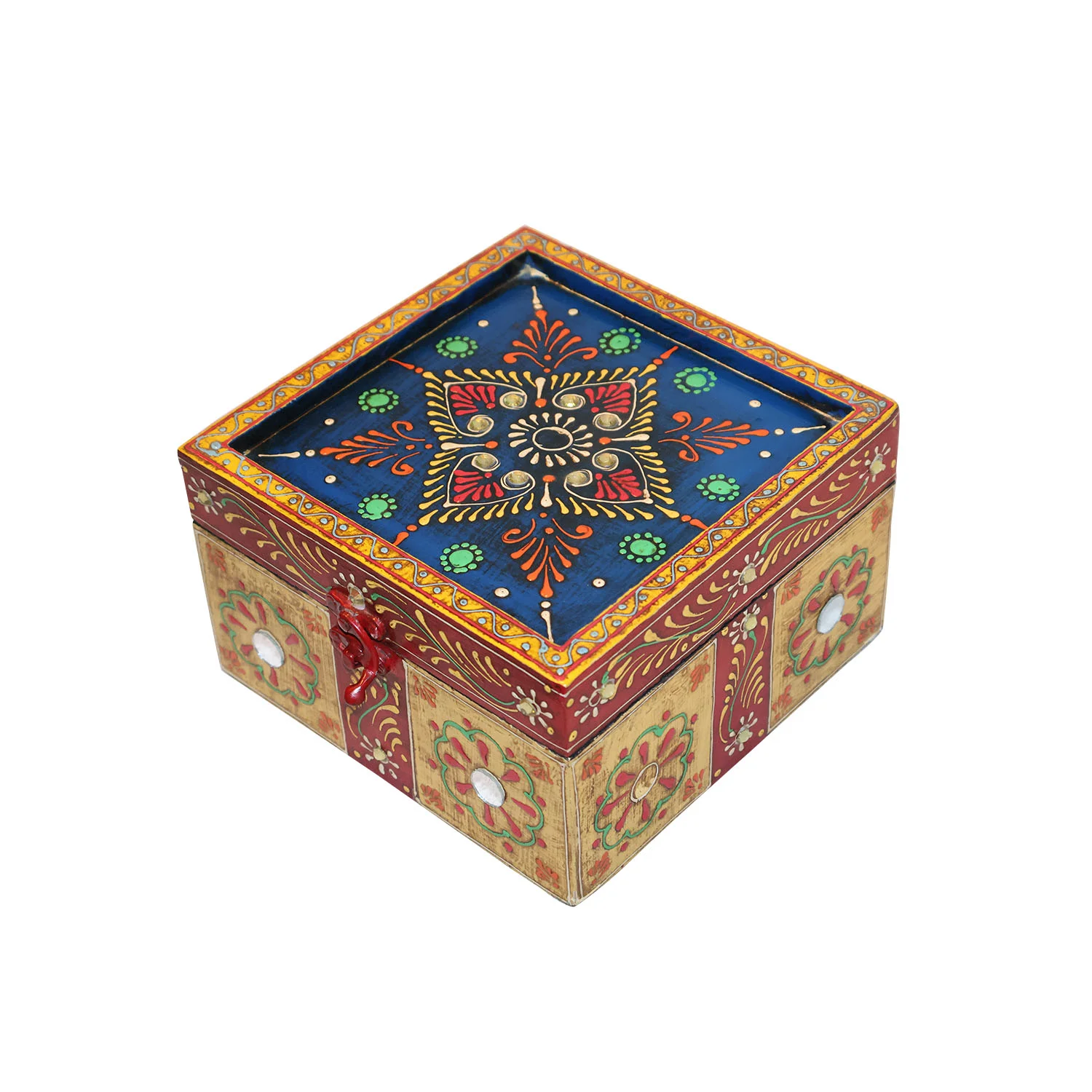 ArtistryBazaar 7"L x 7"W x 4"H inch handmade wooden box, vibrant patchwork of colors & patterns, ideal for storing trinkets, jewelry, & more, small size but has a big impact.
