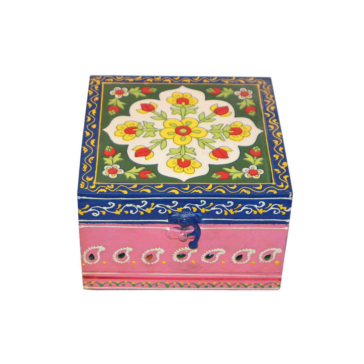  ArtistryBazaar 7"L x 7"W x 4.2"H inch handmade vivid wooden organizer with floral designs, a combo of tradition & style, perfect for keepsakes, jewelry & keys with colors straight out of a festival.