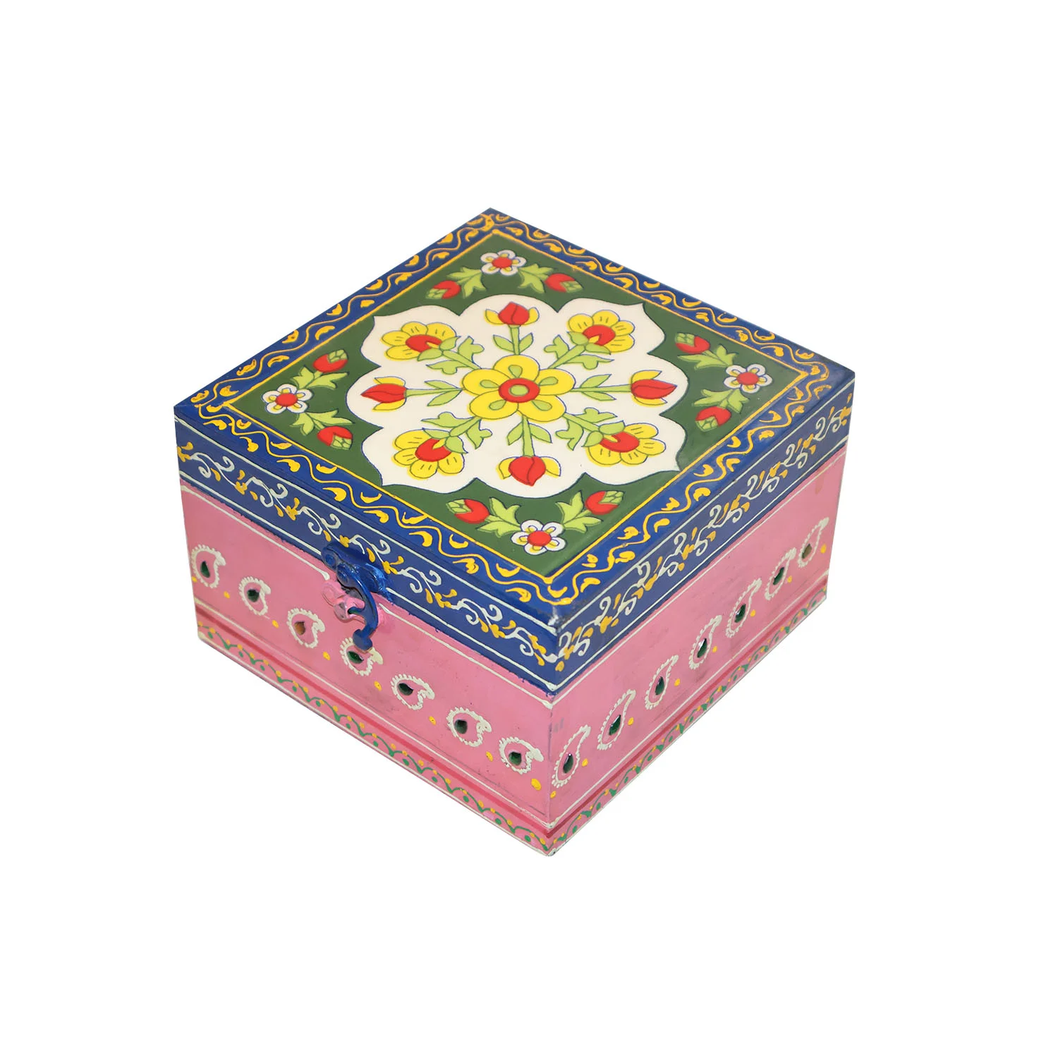  ArtistryBazaar 7"L x 7"W x 4.2"H inch handmade vivid wooden organizer with floral designs, a combo of tradition & style, perfect for keepsakes, jewelry & keys with colors straight out of a festival.