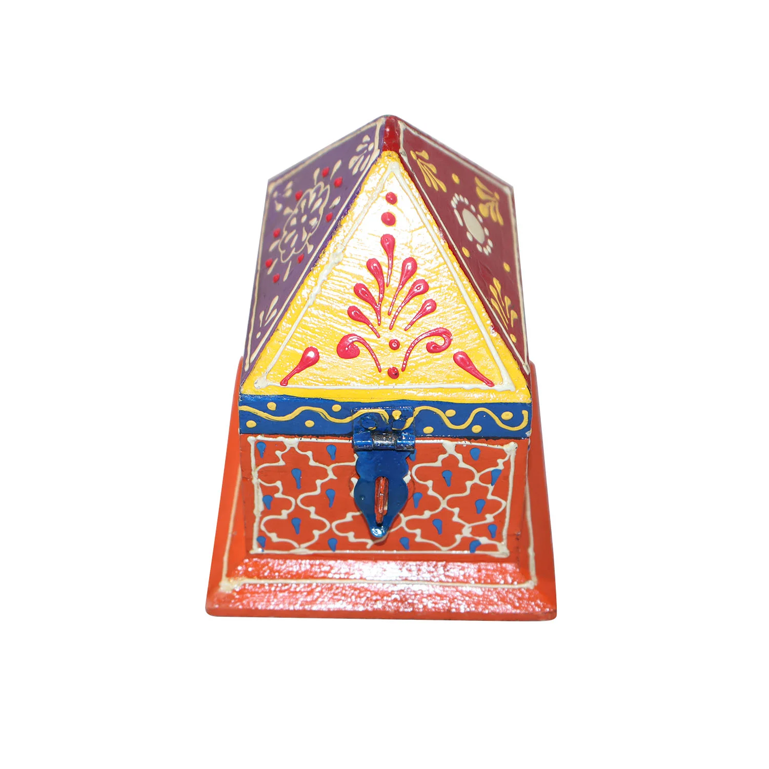 ArtistryBazaar 10"L x 7"W x 5"H inch hand-painted wooden organizer box, compact design with bold hues, miniature house shape, pull-out drawer for jewelry, keys, or desk essentials.
