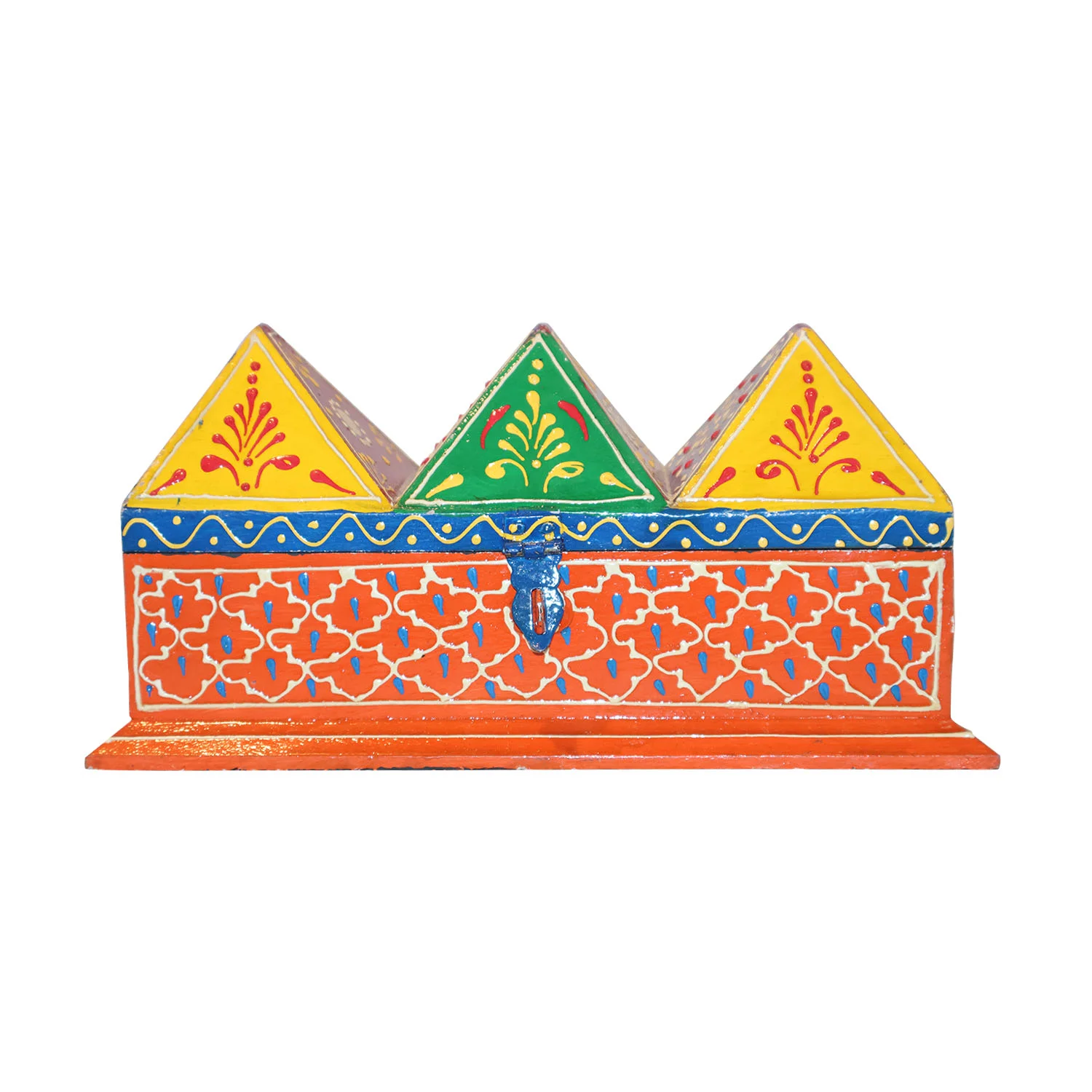 ArtistryBazaar 9"L x 4"W x 5"H inch hand-painted wooden organizer box, mini house design with 3 triangular roofs, pull-out drawer, handmade artistry for decor and everyday storage drawer.