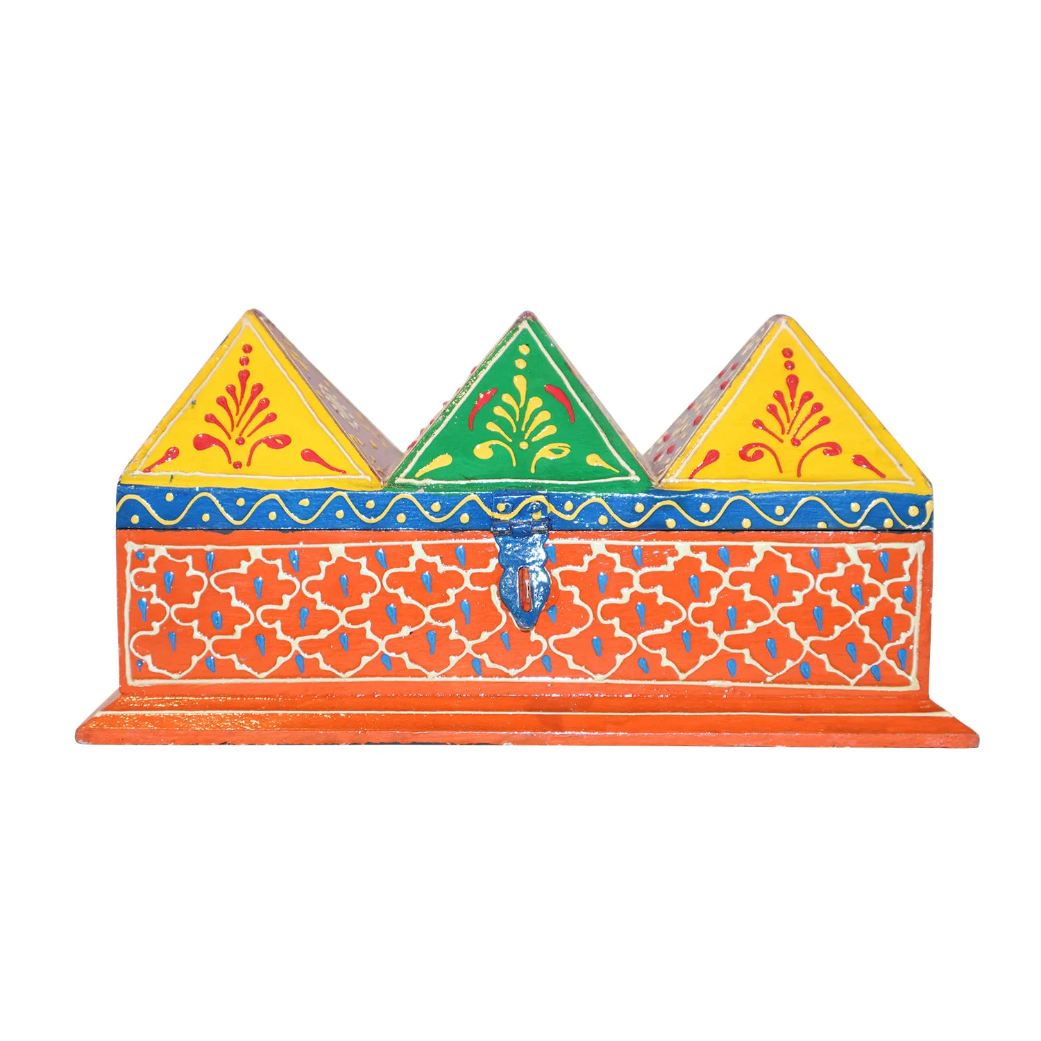 ArtistryBazaar 9"L x 4"W x 5"H inch hand-painted wooden organizer box, mini house design with 3 triangular roofs, pull-out drawer, handmade artistry for decor and everyday storage drawer.