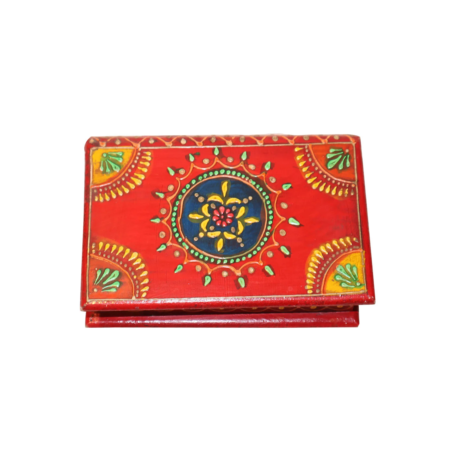 ArtistryBazaar 7"L x 4.5"W x 2"H inch flat wooden box, hand-painted red beauty with floral sparkle, scalloped edges, endless storage uses, handmade for jewelry, keepsakes, or decoration.