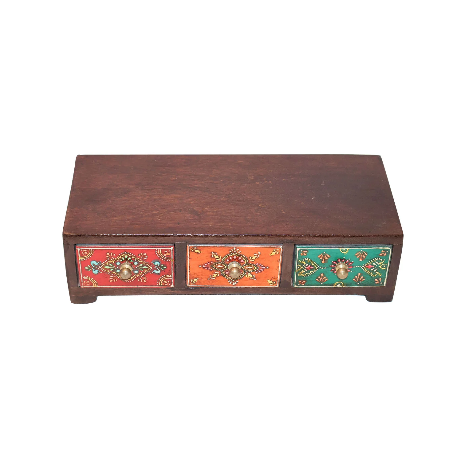 ArtistryBazaar 11"L x 4.6"W x 3"H inch handcrafted wooden organizer with 3 drawers, a bold hand-painted design, compact & secure storage, a great present or a home decor addition!