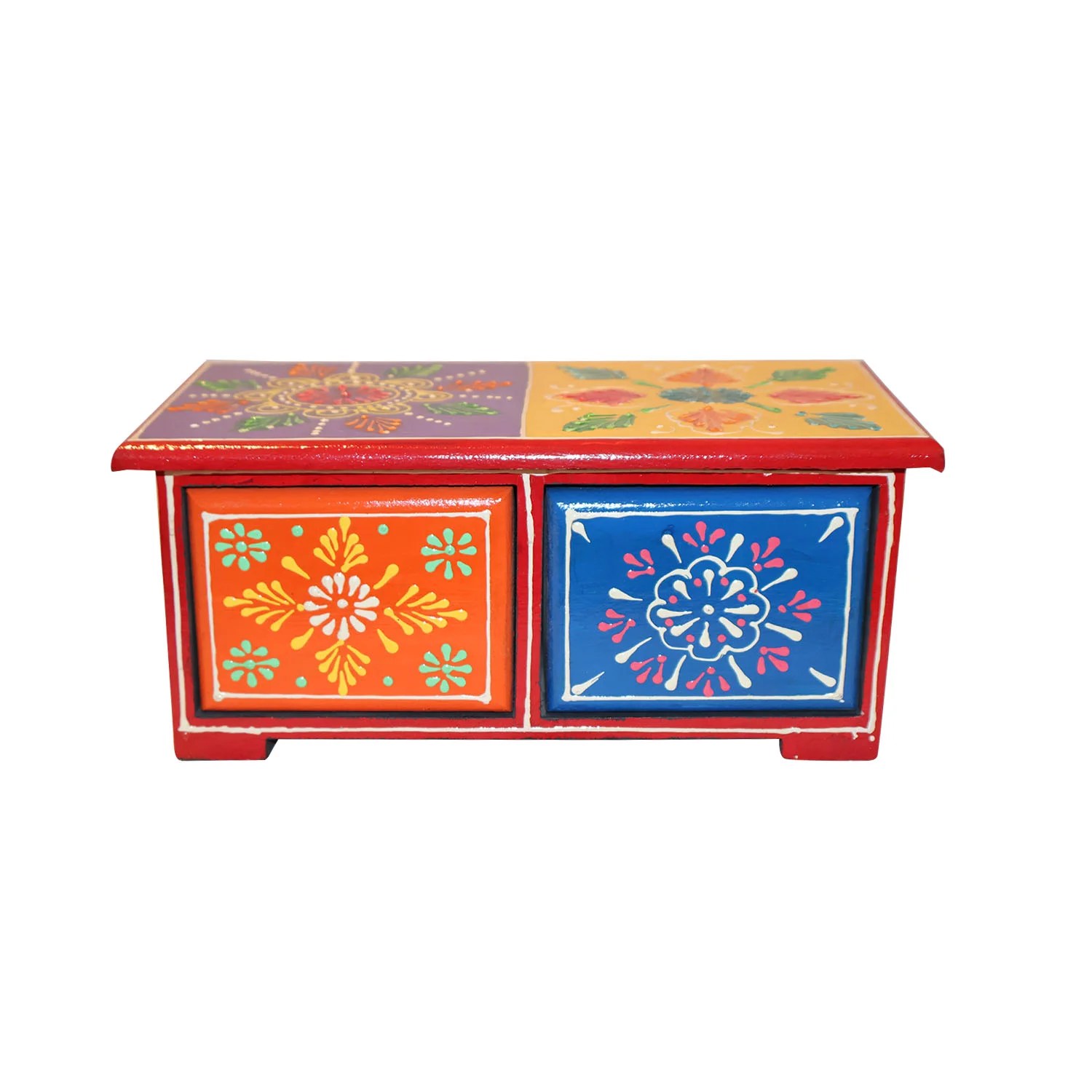 ArtistryBazaar 9"L x 5"W x 4"H inch handcrafted wooden organizer with colorful hand-painted 2 drawers, rustic and practical storage for jewelry & small items, perfect for any room.