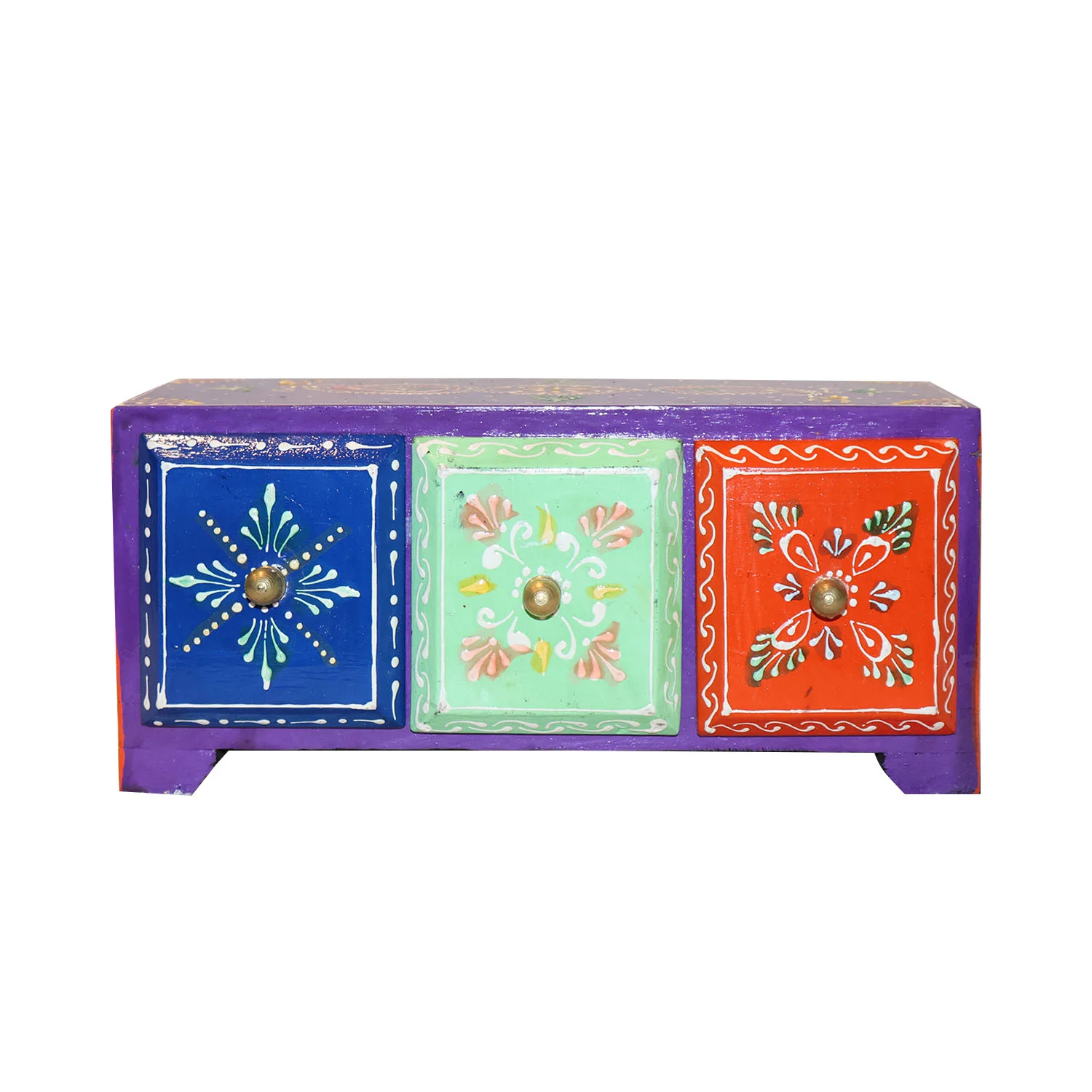ArtistryBazaar 11"L x 4.6"W x 3"H inch handmade wooden organizer with 3 drawers colored in blue, green, and red, ideal for storing jewelry, coins, and keys in style.