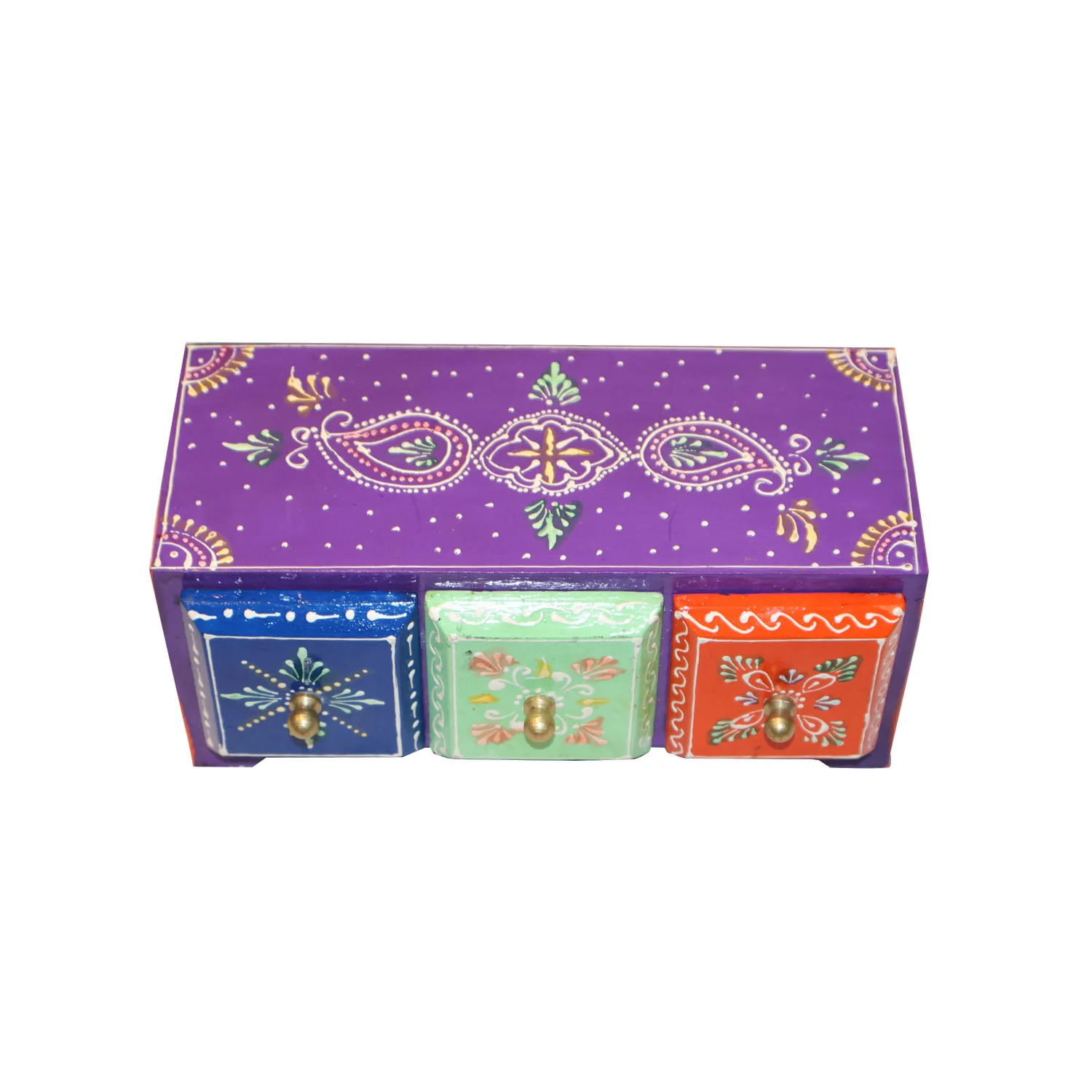 ArtistryBazaar 11"L x 4.6"W x 3"H inch handmade wooden organizer with 3 drawers colored in blue, green, and red, ideal for storing jewelry, coins, and keys in style.