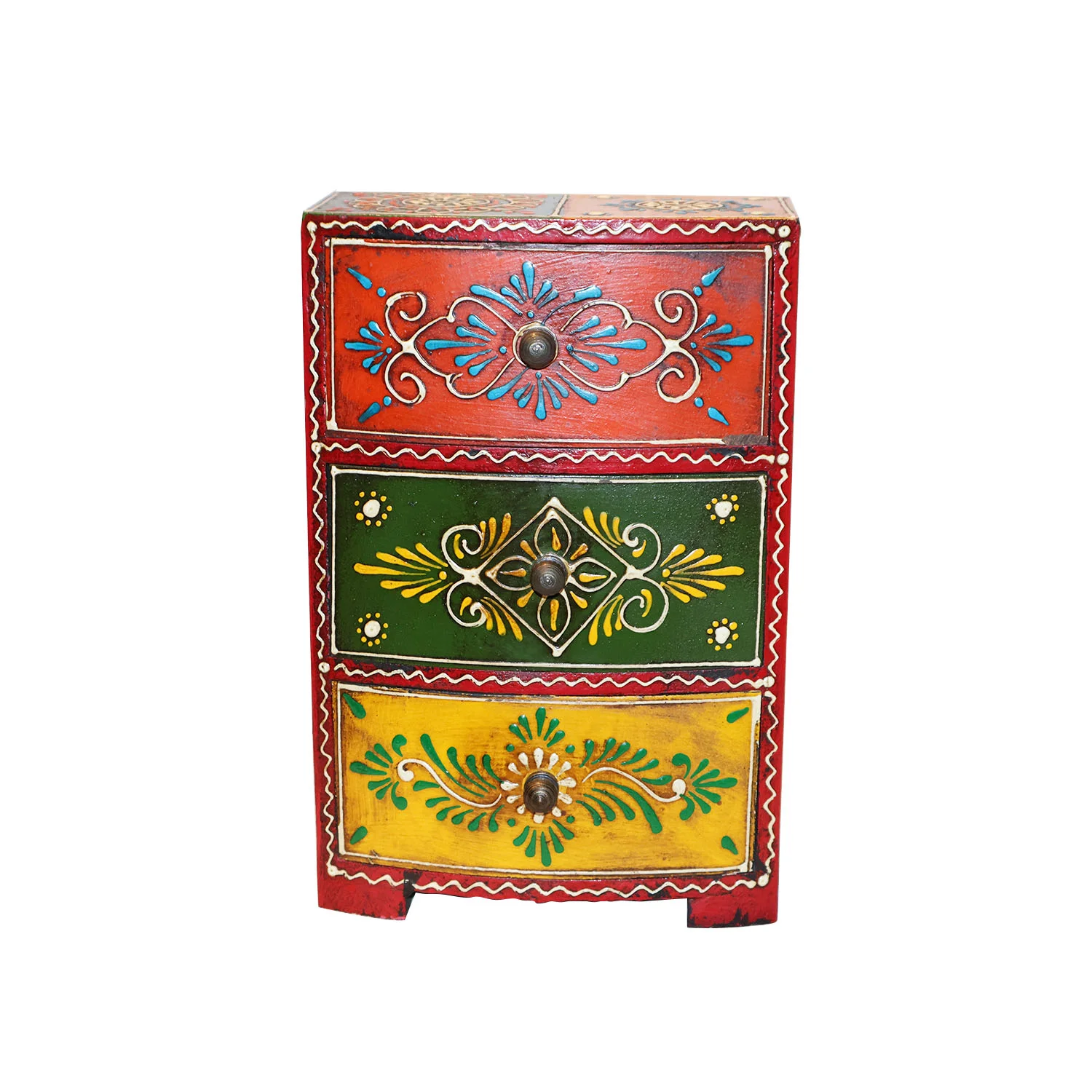 ArtistryBazaar 6"L x 2.8"W x 9"H inch handmade decorative red storage box with three compartments, star floral design in gold, best for jewelry, trinkets or gifts.