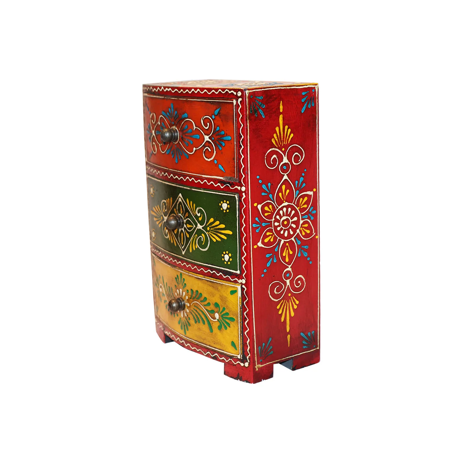 ArtistryBazaar 6"L x 2.8"W x 9"H inch handmade decorative red storage box with three compartments, star floral design in gold, best for jewelry, trinkets or gifts.