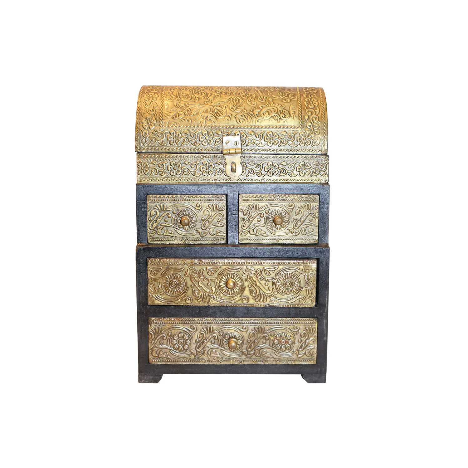 ArtistryBazaar 8"L x 6"W x 12"H inch handmade wooden storage box, antique gold and black design, 4 drawers, unique treasure chest organizer for jewelry, keepsakes, or keys.