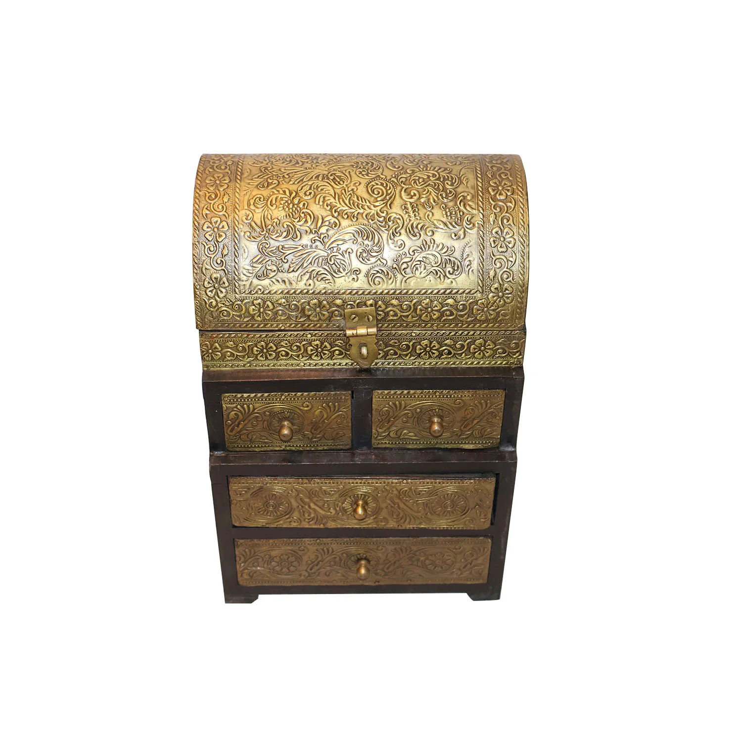 ArtistryBazaar 8"L x 6"W x 12"H inch handmade wooden storage box, antique gold and black design, 4 drawers, unique treasure chest organizer for jewelry, keepsakes, or keys.