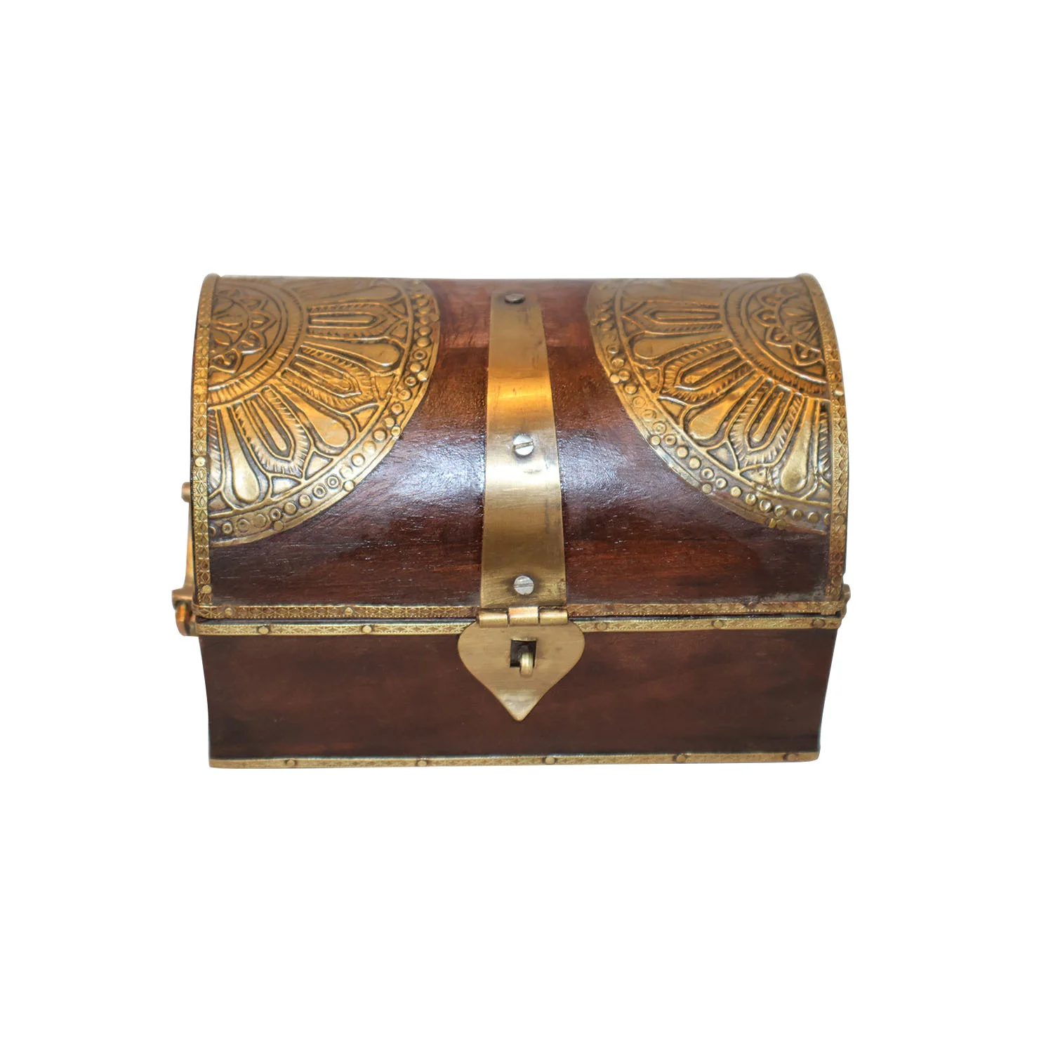 ArtistryBazaar 6"L x 4"W x 4"H inch handmade treasure chest-style wooden box, vintage vibes, luxe golden details, compact design, and perfect for stashing jewelry, trinkets, and keepsakes.