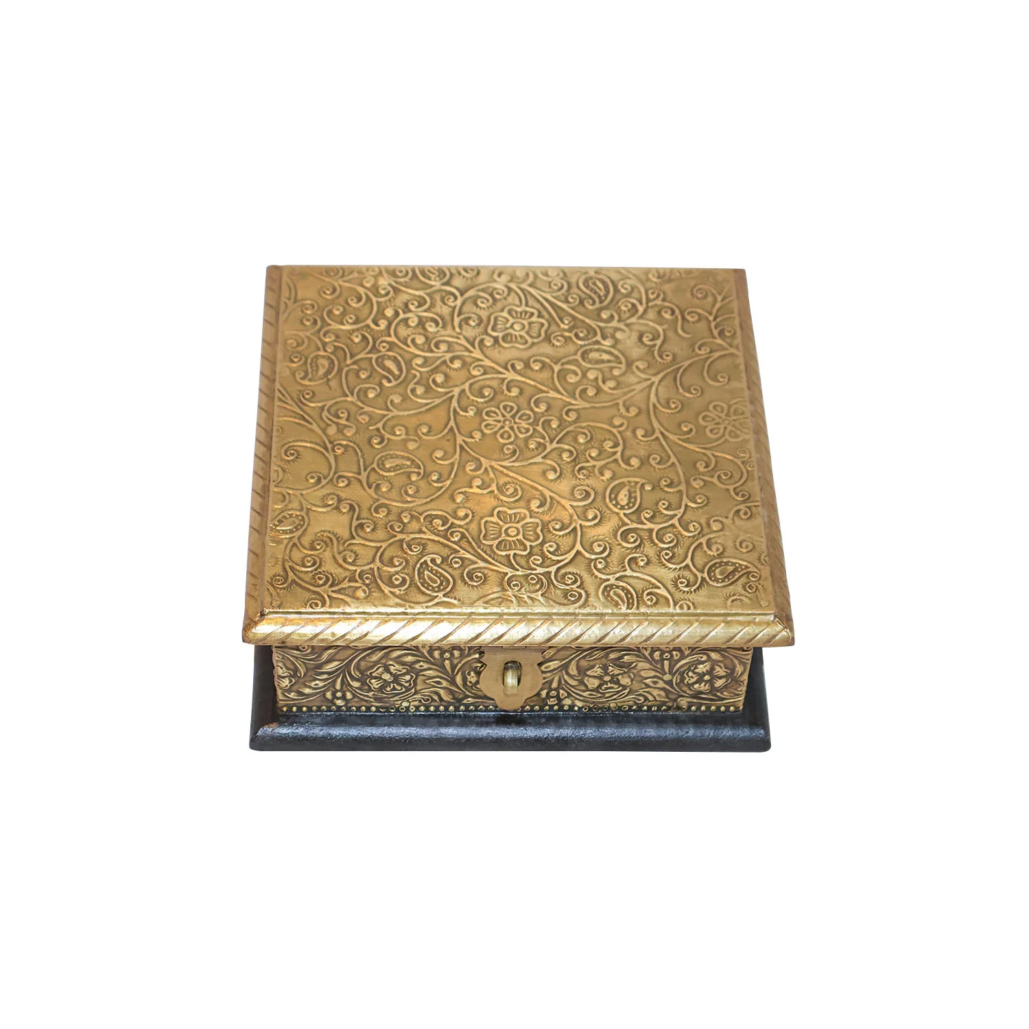 ArtistryBazaar 6"L x 6"W x 2"H inch golden sparkle wooden storage box, handmade square design with black base, perfect for jewelry, trinkets, gifts, or as a decor item.