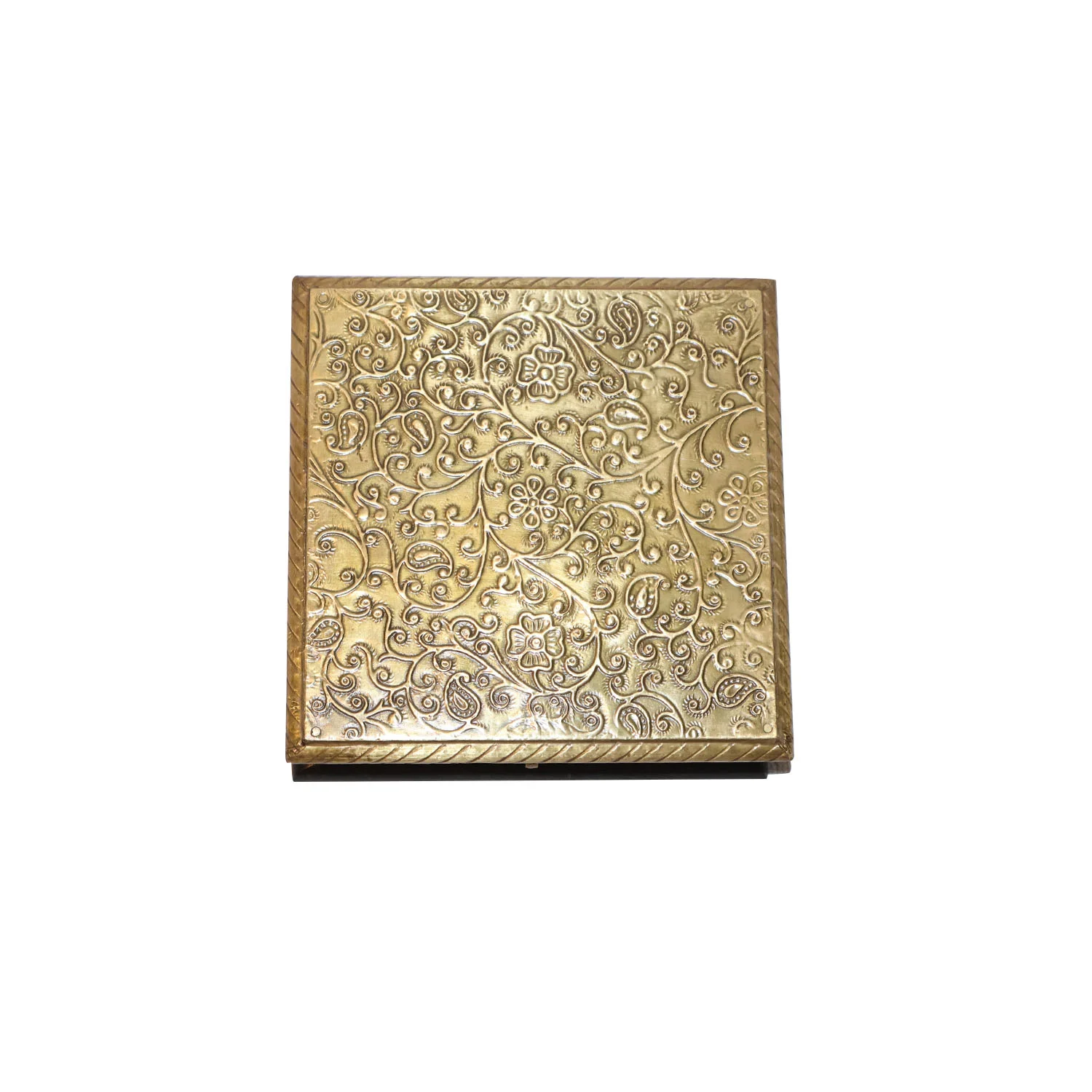 ArtistryBazaar 6"L x 6"W x 2"H inch golden sparkle wooden storage box, handmade square design with black base, perfect for jewelry, trinkets, gifts, or as a decor item.