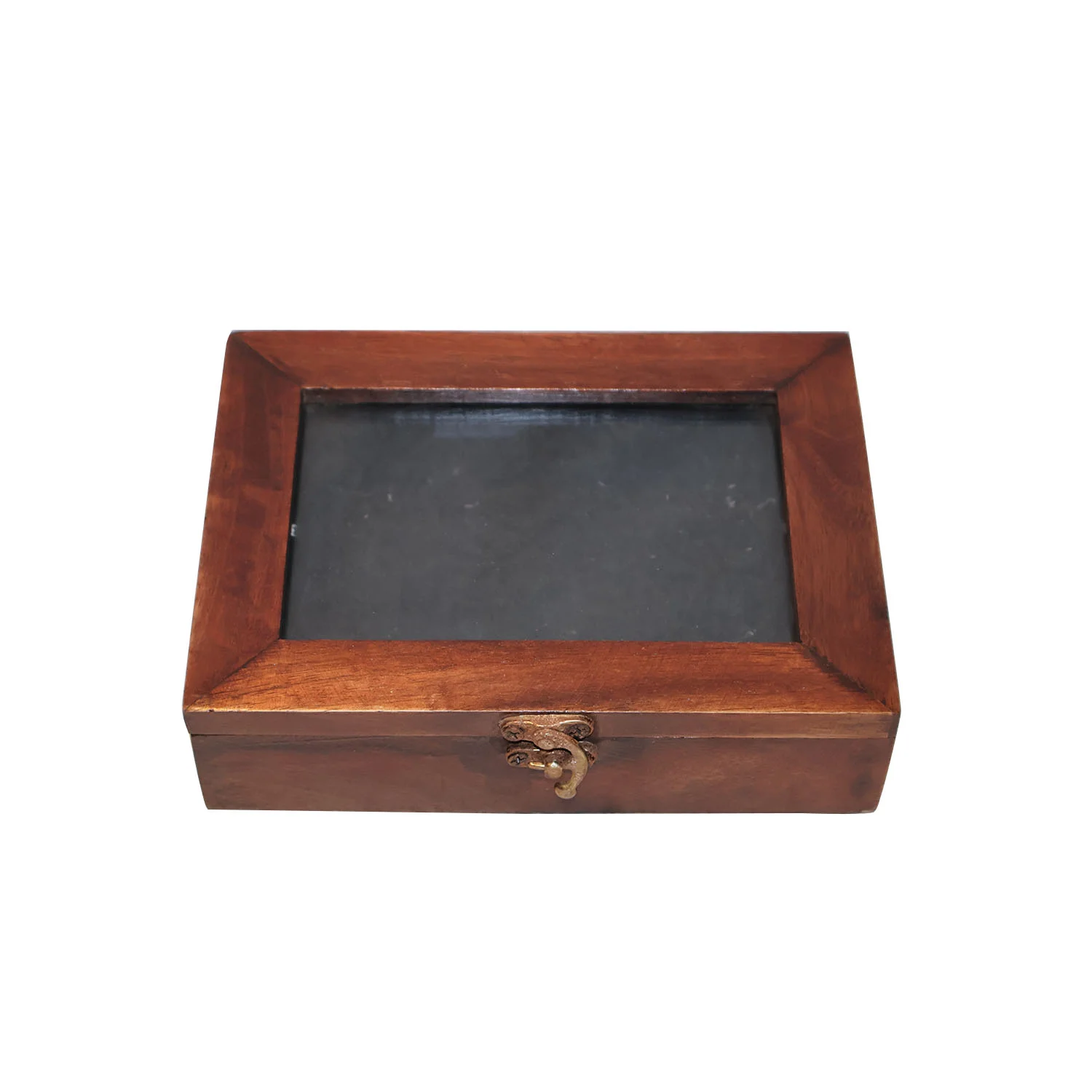 ArtistryBazaar 8"L x 6"W x 2"H inch handmade brown wooden storage box with glass on top, store jewelry, small gifts, or collectibles, ideal for your home & office