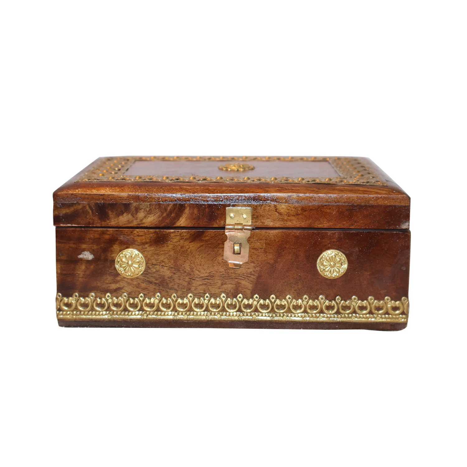 ArtistryBazaar 9.5"L x 7"W x 4"H inch handcrafted square wooden storage box with a golden design, portable organizer for jewelry, keys, and keepsakes, perfect gift idea for any occasion.