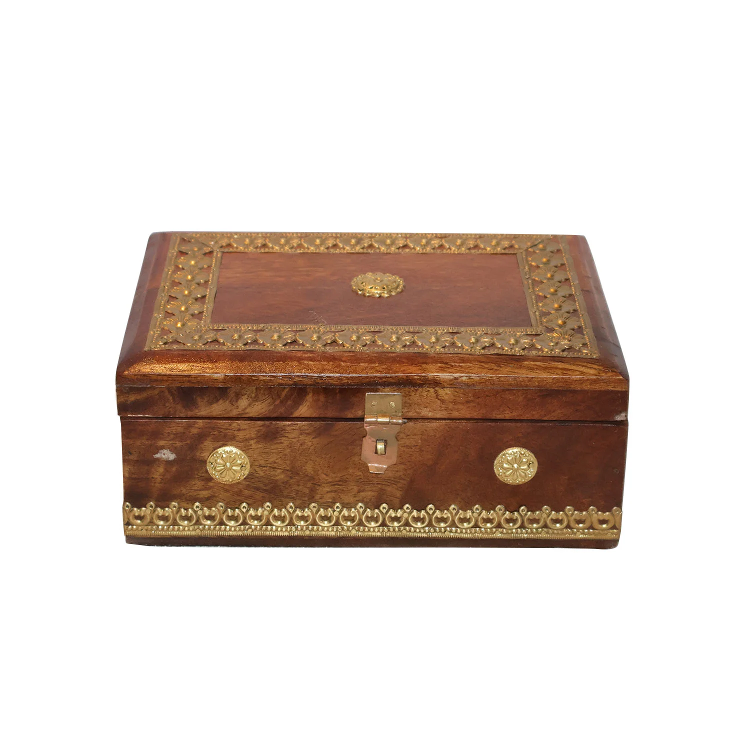ArtistryBazaar 9.5"L x 7"W x 4"H inch handcrafted square wooden storage box with a golden design, portable organizer for jewelry, keys, and keepsakes, perfect gift idea for any occasion.