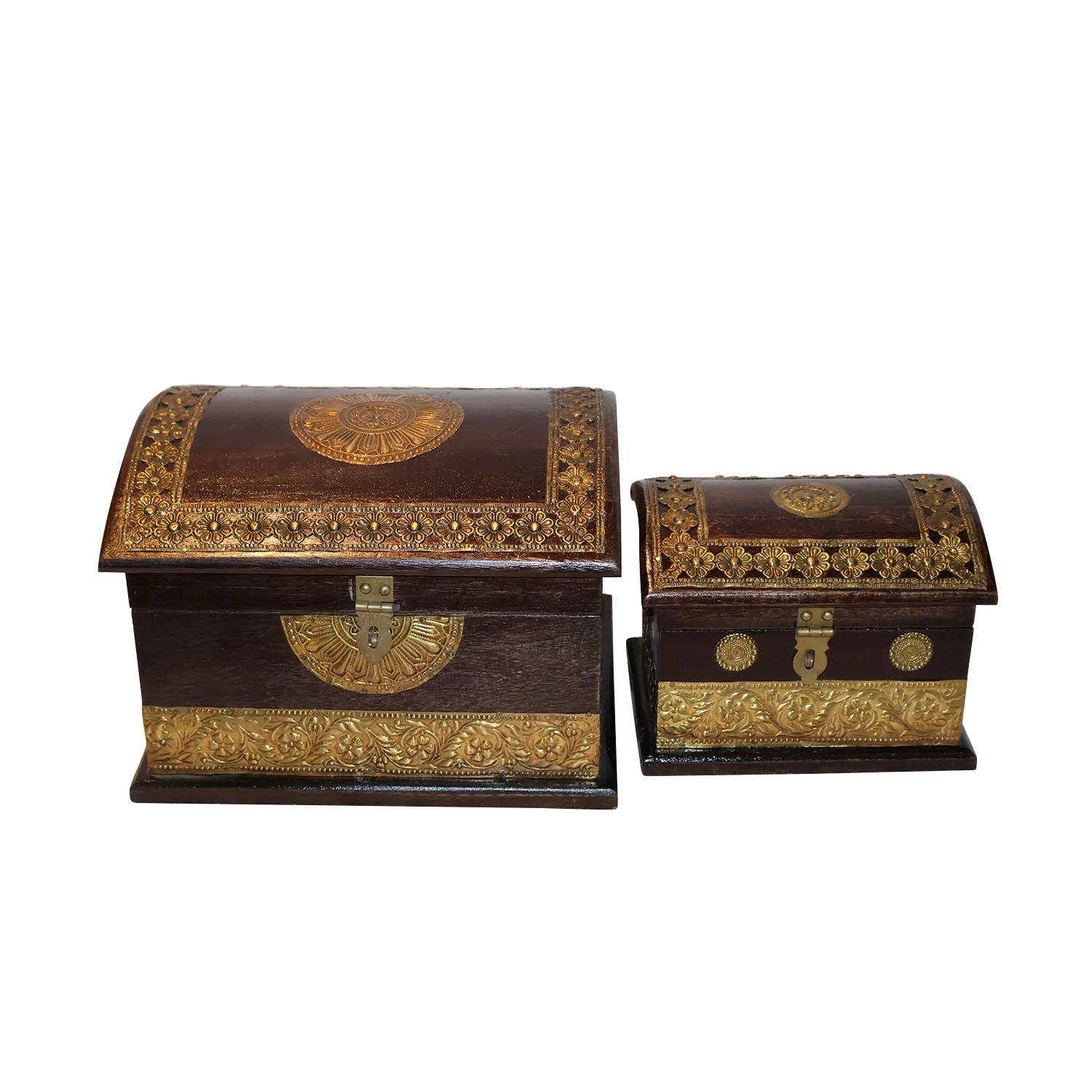 ArtistryBazaar 10"L x 8"W x 7"H inch antique-style wooden storage boxes, curved lid treasure chest set with golden details, handmade, classic design for jewelry, keepsakes, and home decor.