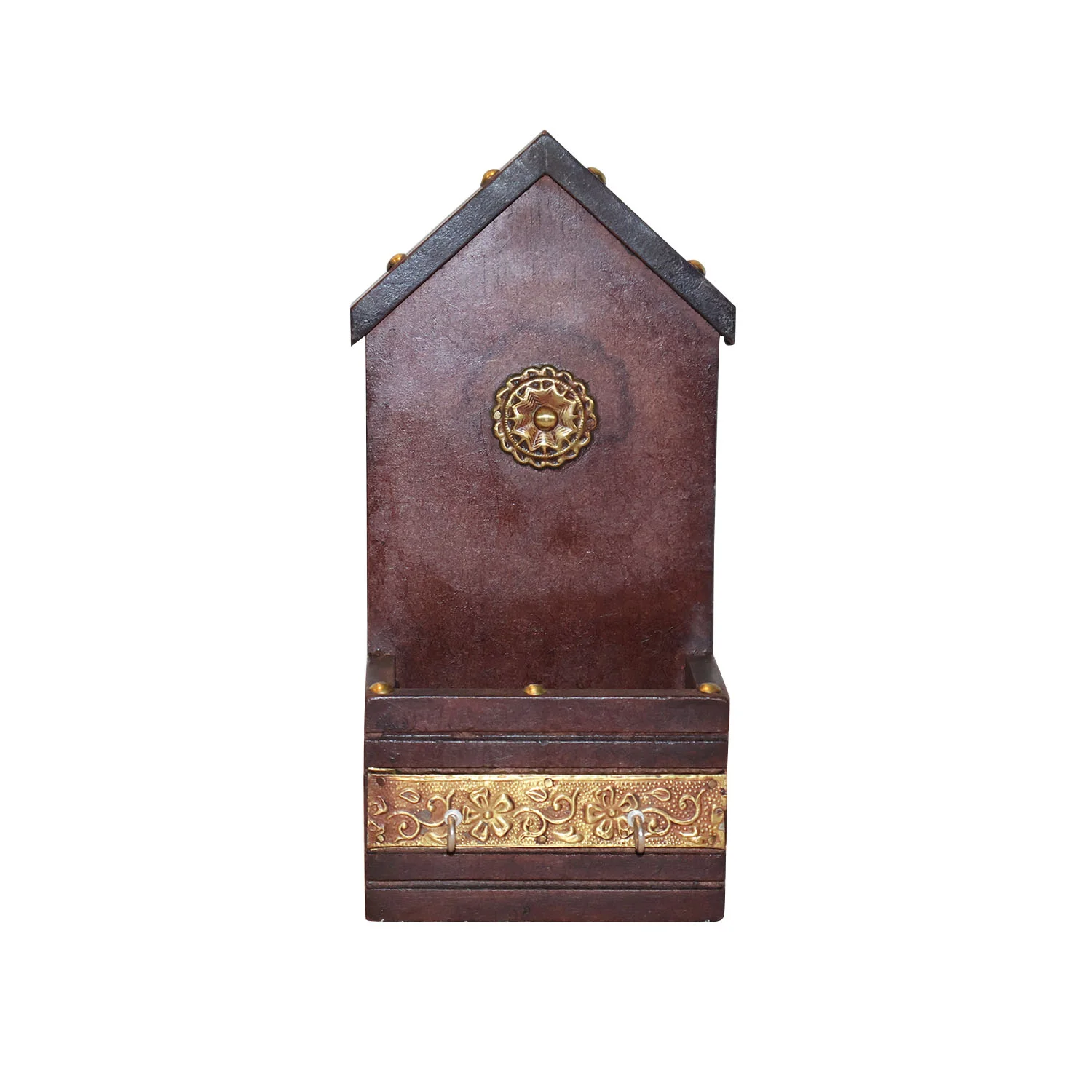 ArtistryBazaar 4"L x 2.5"W x 8.5"H inch handmade brown house-shaped organizer with golden accents, wall-mountable, compact size, rustic finish for elegant decor and daily use.