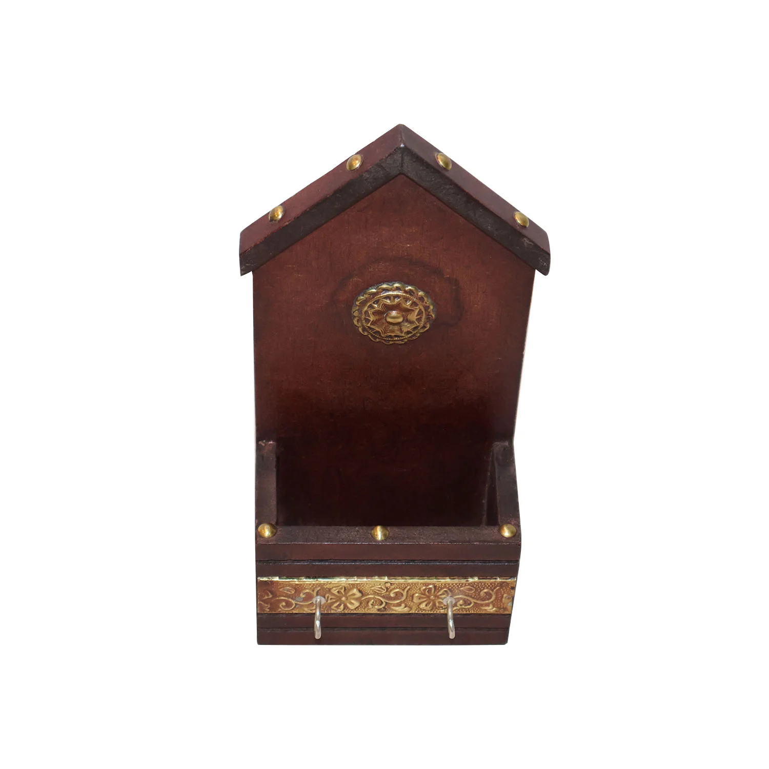 ArtistryBazaar 4"L x 2.5"W x 8.5"H inch handmade brown house-shaped organizer with golden accents, wall-mountable, compact size, rustic finish for elegant decor and daily use.